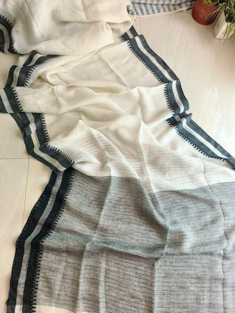 White Pure Linen Saree