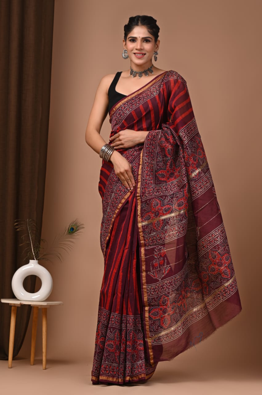 Maroon Chanderi Hand Block Printed  Saree