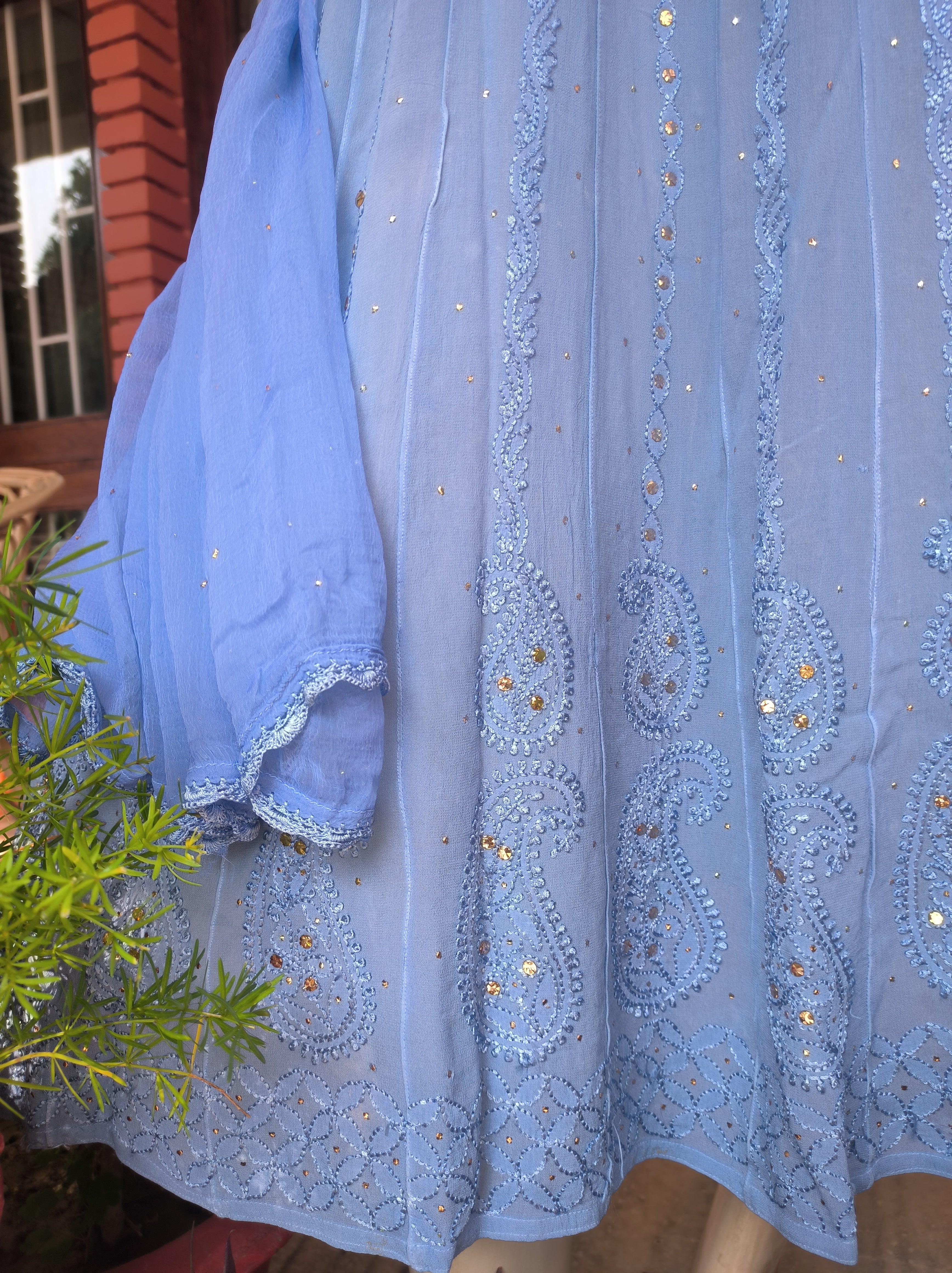 Light blue Lucknowi Chikankari Anarkali Gota Patti Salwar Suit (Semi stitched)