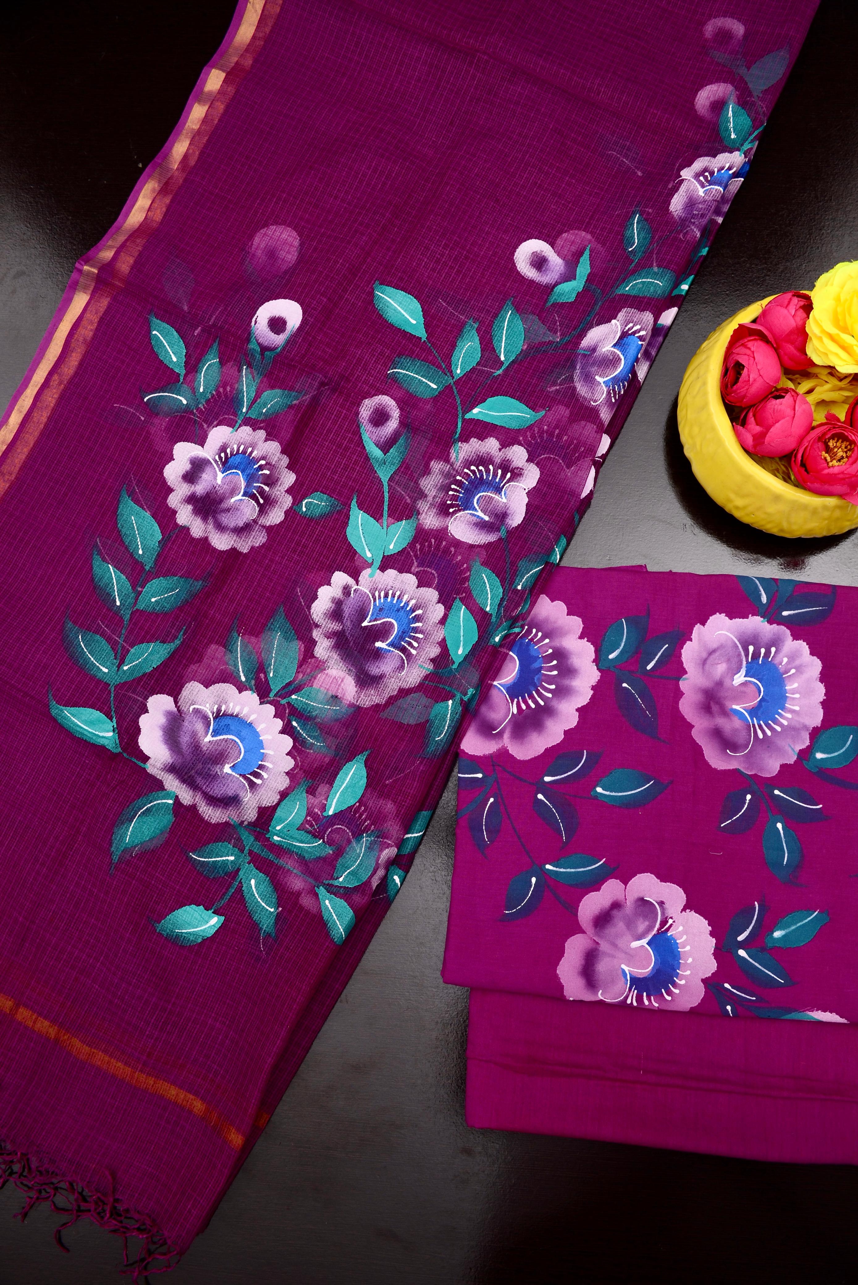 Dark purple Hand Painted Cotton Kota Doria Suit With Dupatta