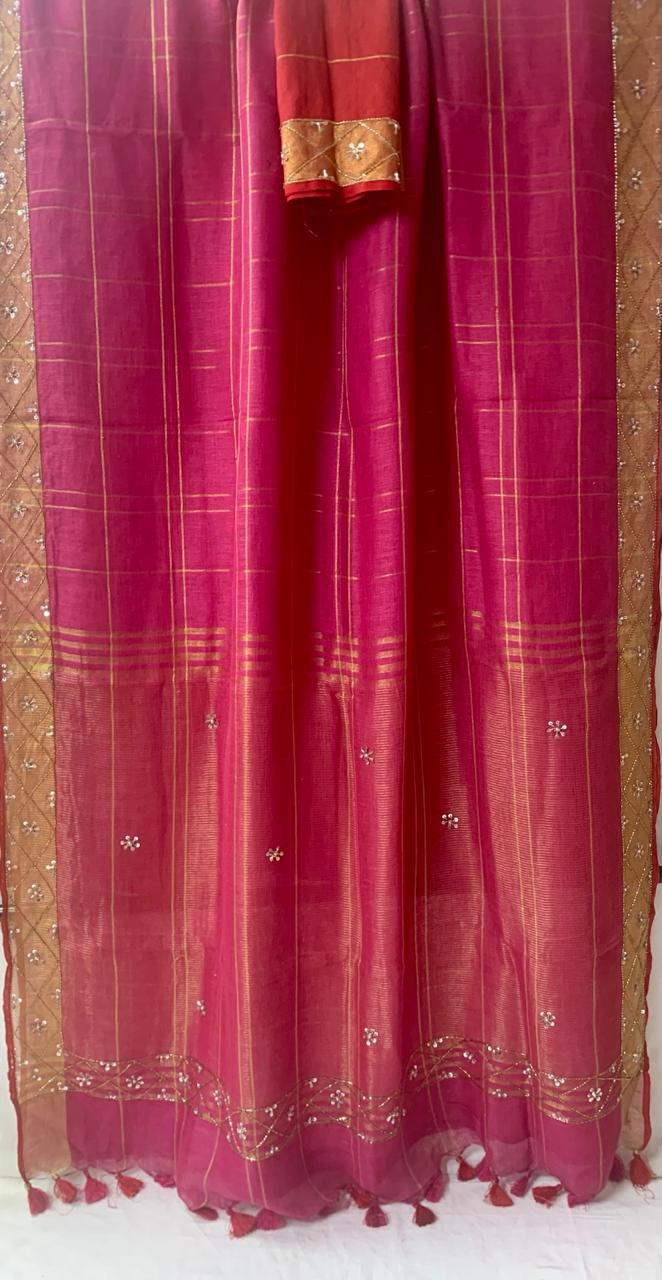 Rani Pink Pure Linen Embroidery Saree