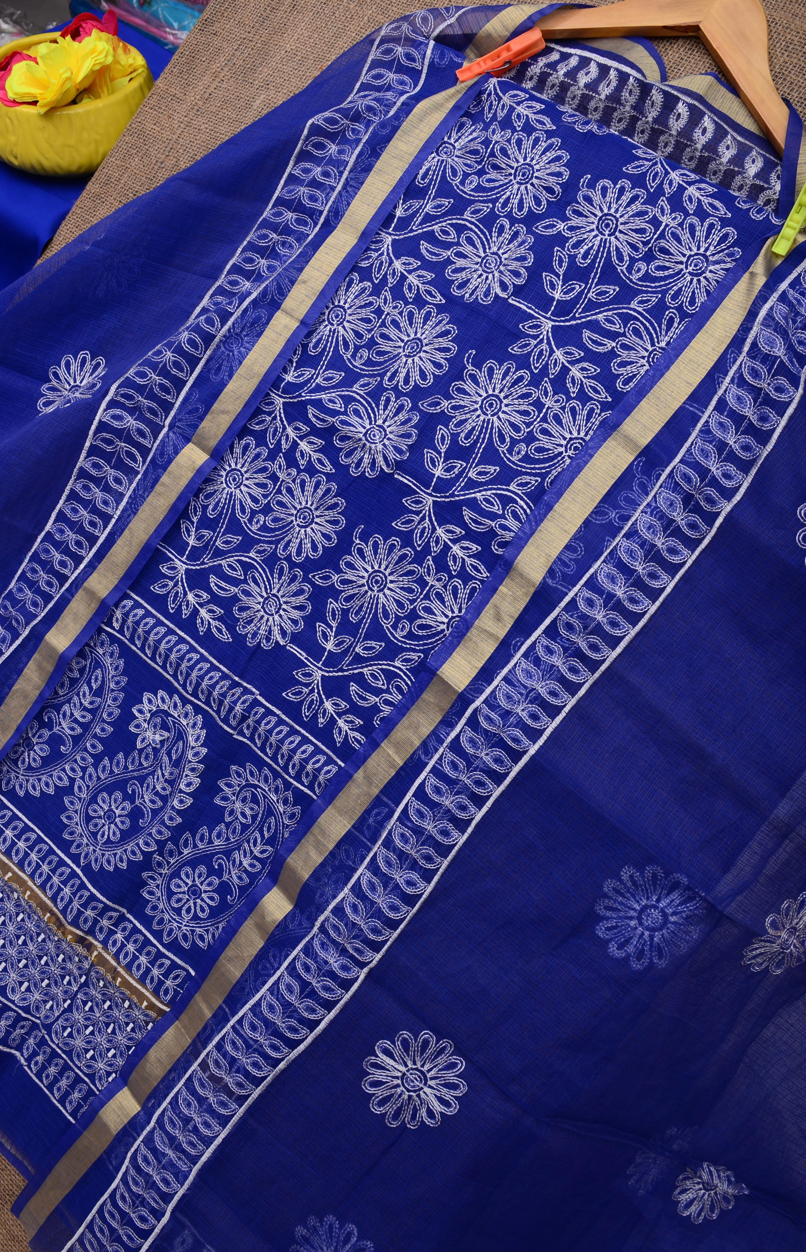 Blue Embroided Kota Doria Suit Cotton Fabric With Dupatta