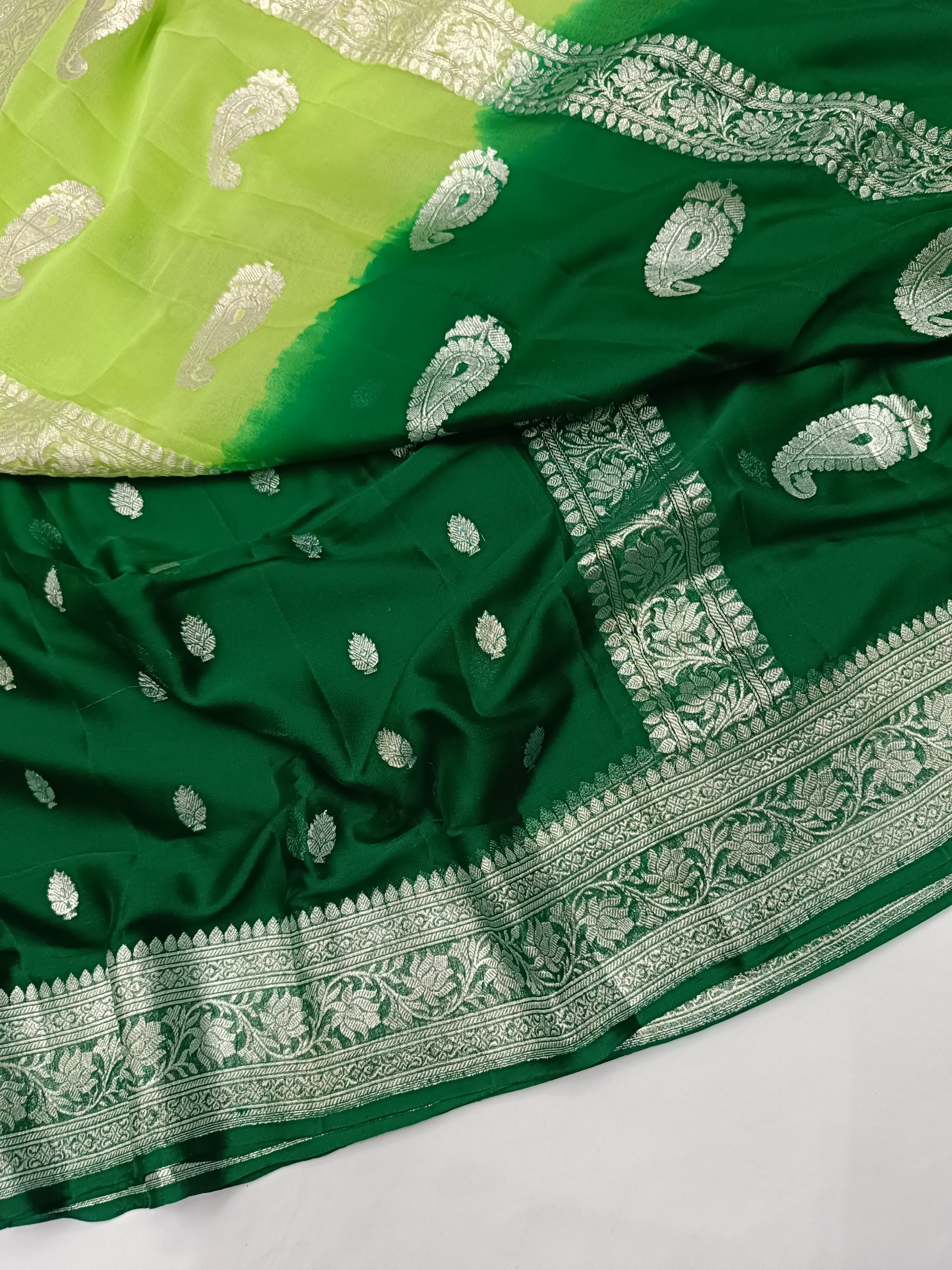 Deep Green And Lime Green Banarasi Khaddi Georgette Jaal Saree