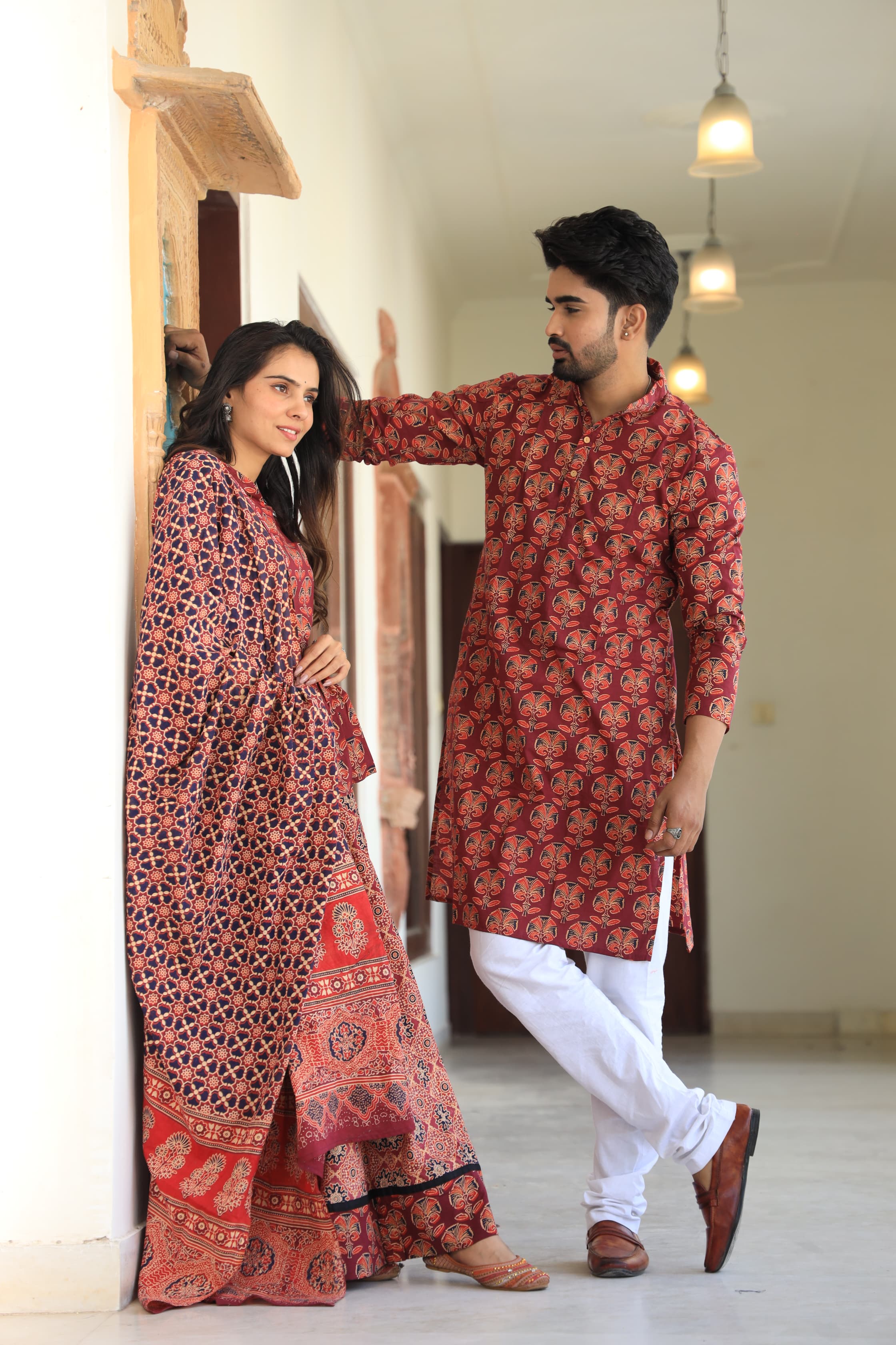 Red colour Pure Cotton Twinning Couple Set In Block Print