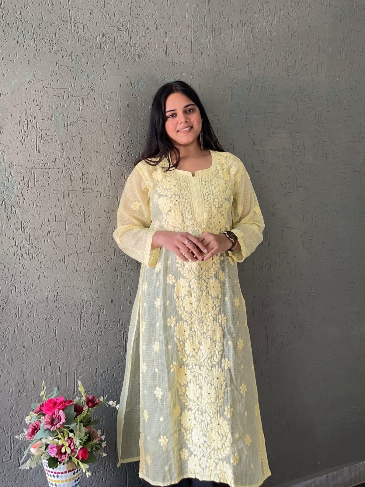 Yellow Chikankari Embroidery work Kota doria kurti (only kurti)