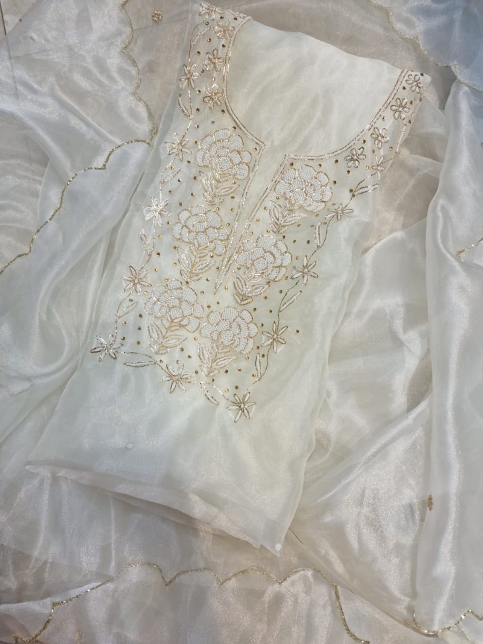 White Organza Suit With Pearl Flower Work Design's