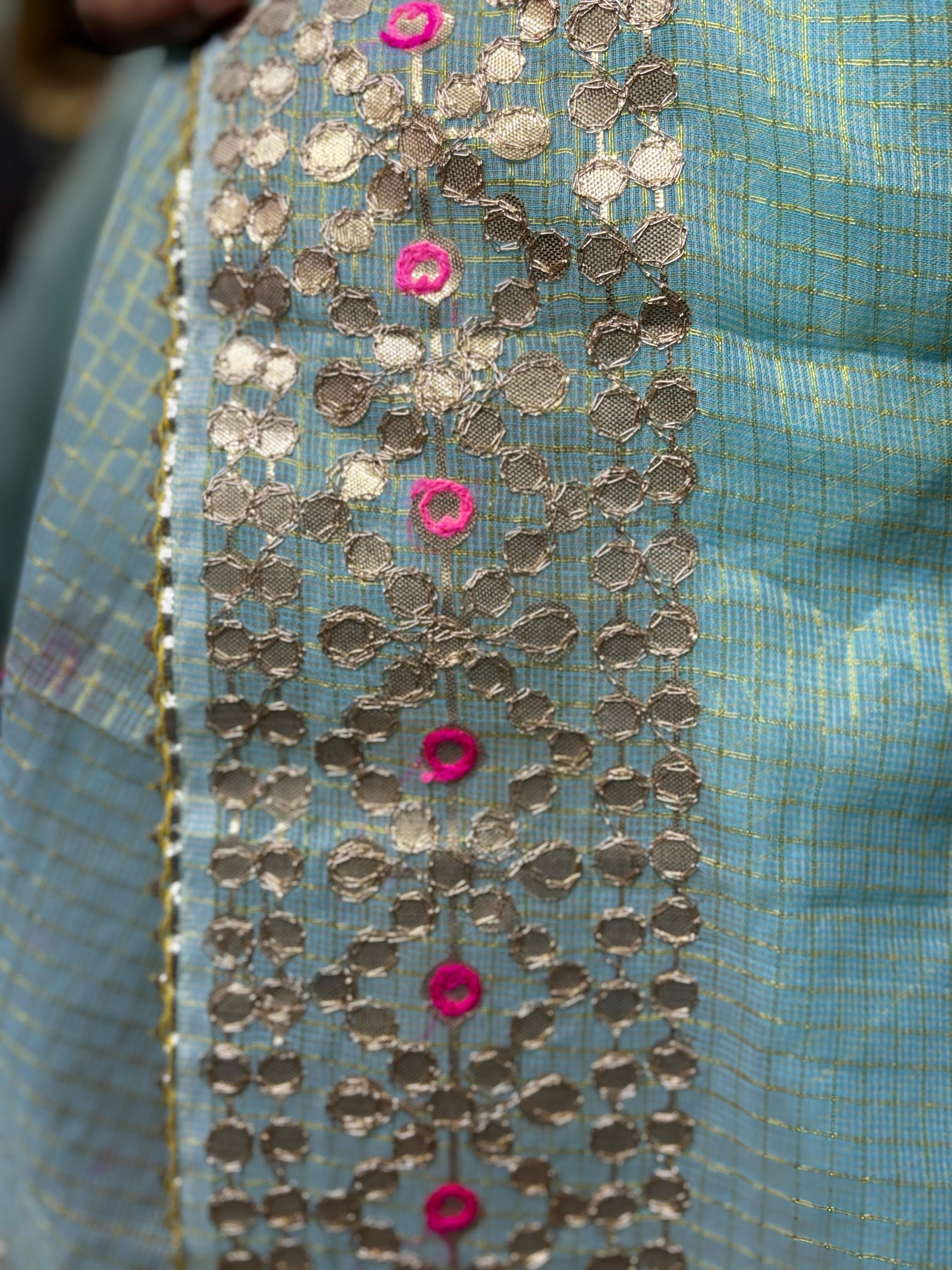 Sky Blue Kota Doria Heavy Gota Patti Work Dupatta