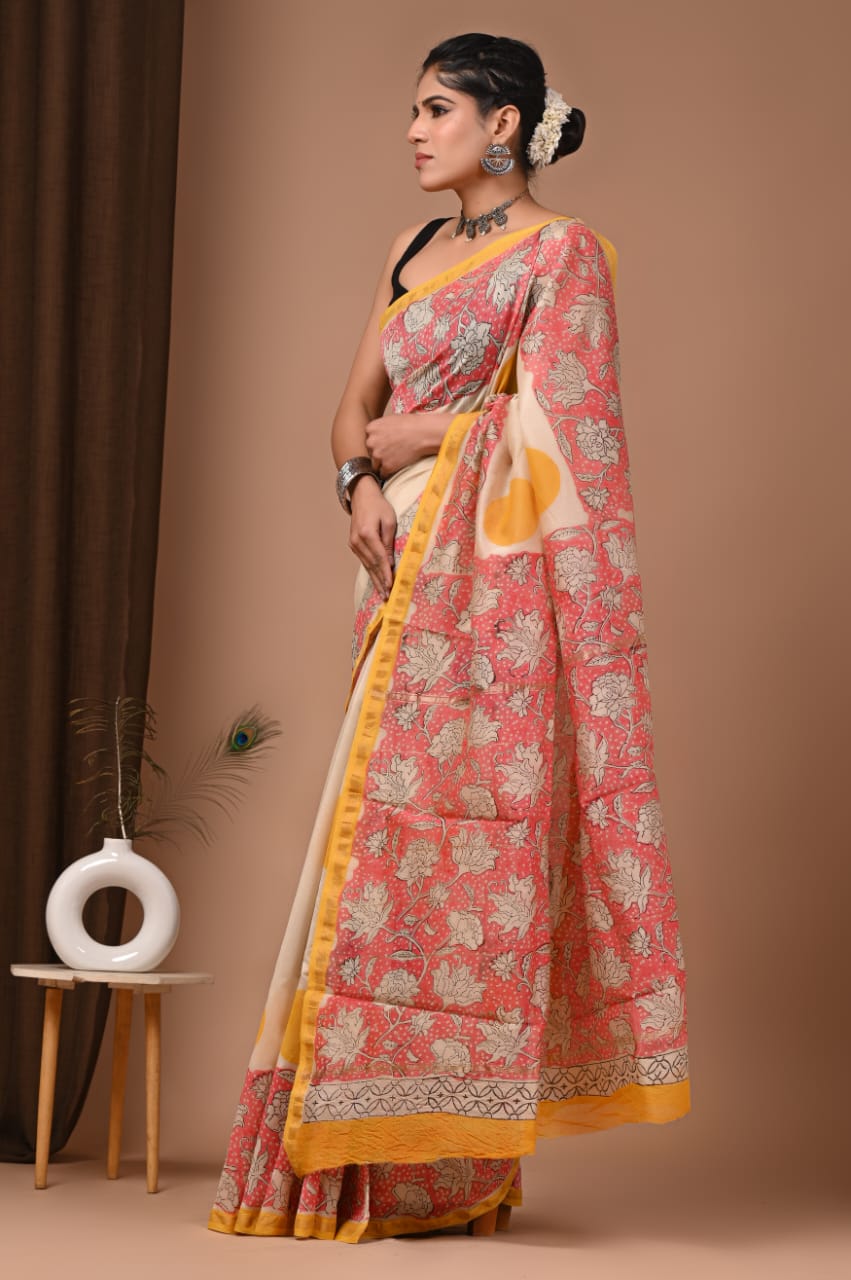Chandrika- Cream Color Chanderi Hand Block Printed  Saree