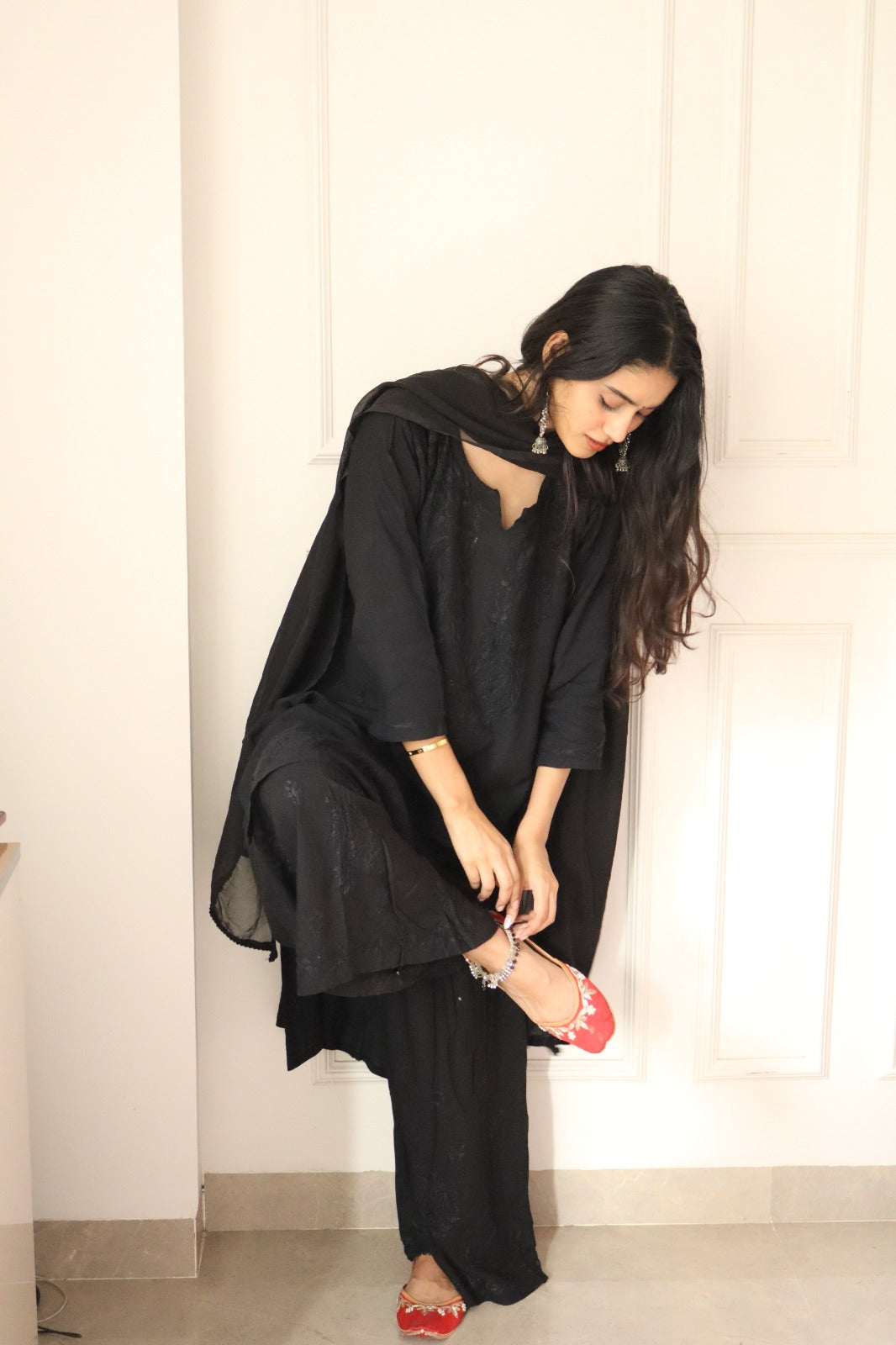 Black Chikankari Rayon Kurti Palazzo Set With Dupatta