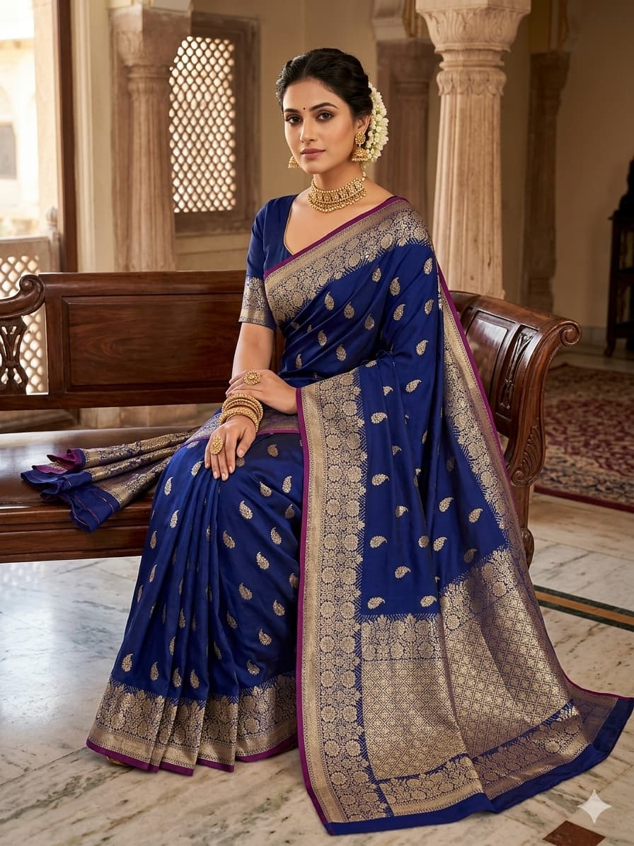Banarasi Handloom Semi Kathan  Saree In Royal Blue