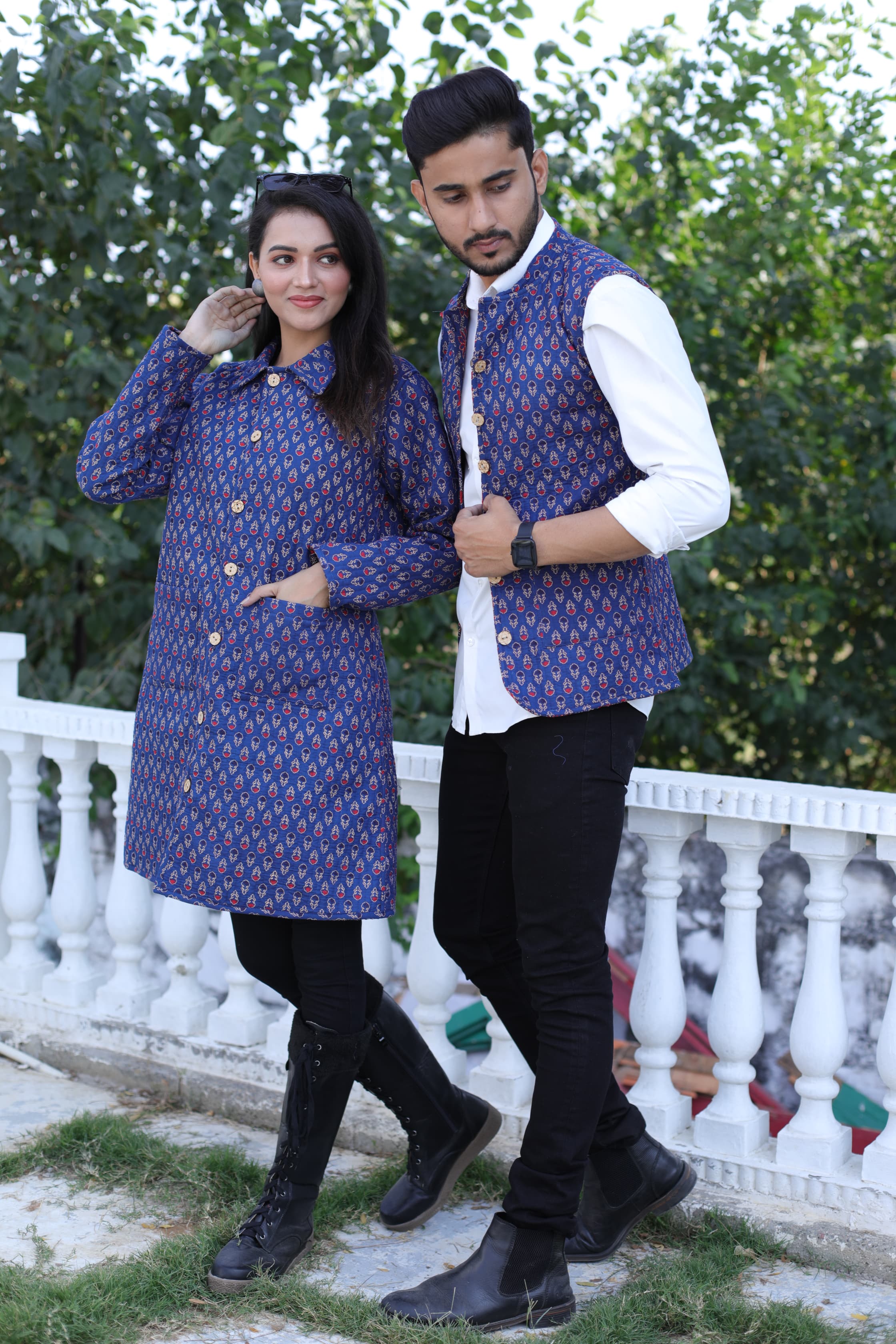 Blue Color Twinning Couple Pure Cotton Bagru Print Quilted Reversible Jackets