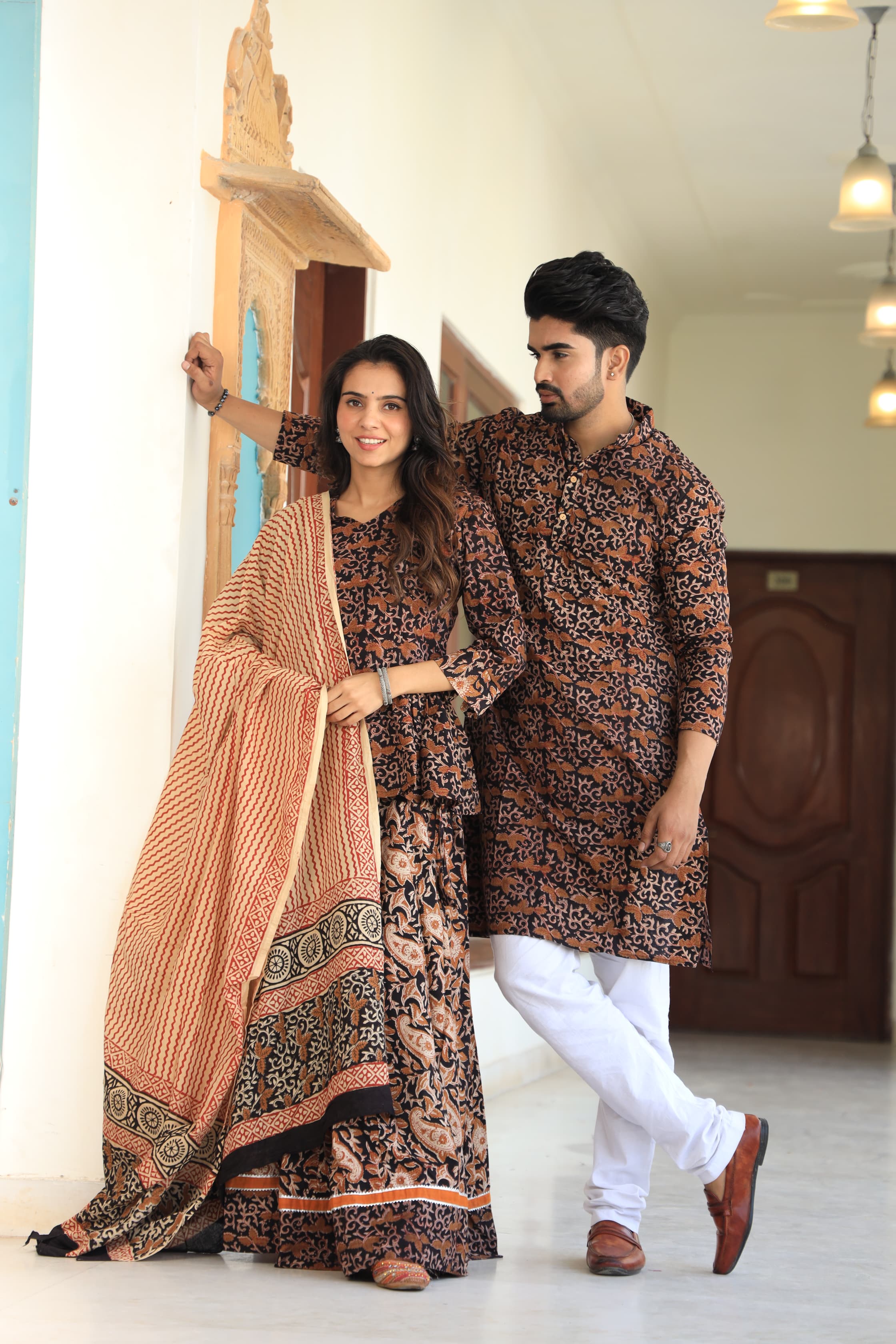 Black colour Pure Cotton Twinning Couple Set In Block Print
