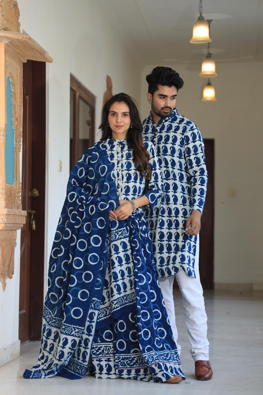 Blue colour Pure Cotton Twinning Couple Set In Block Print