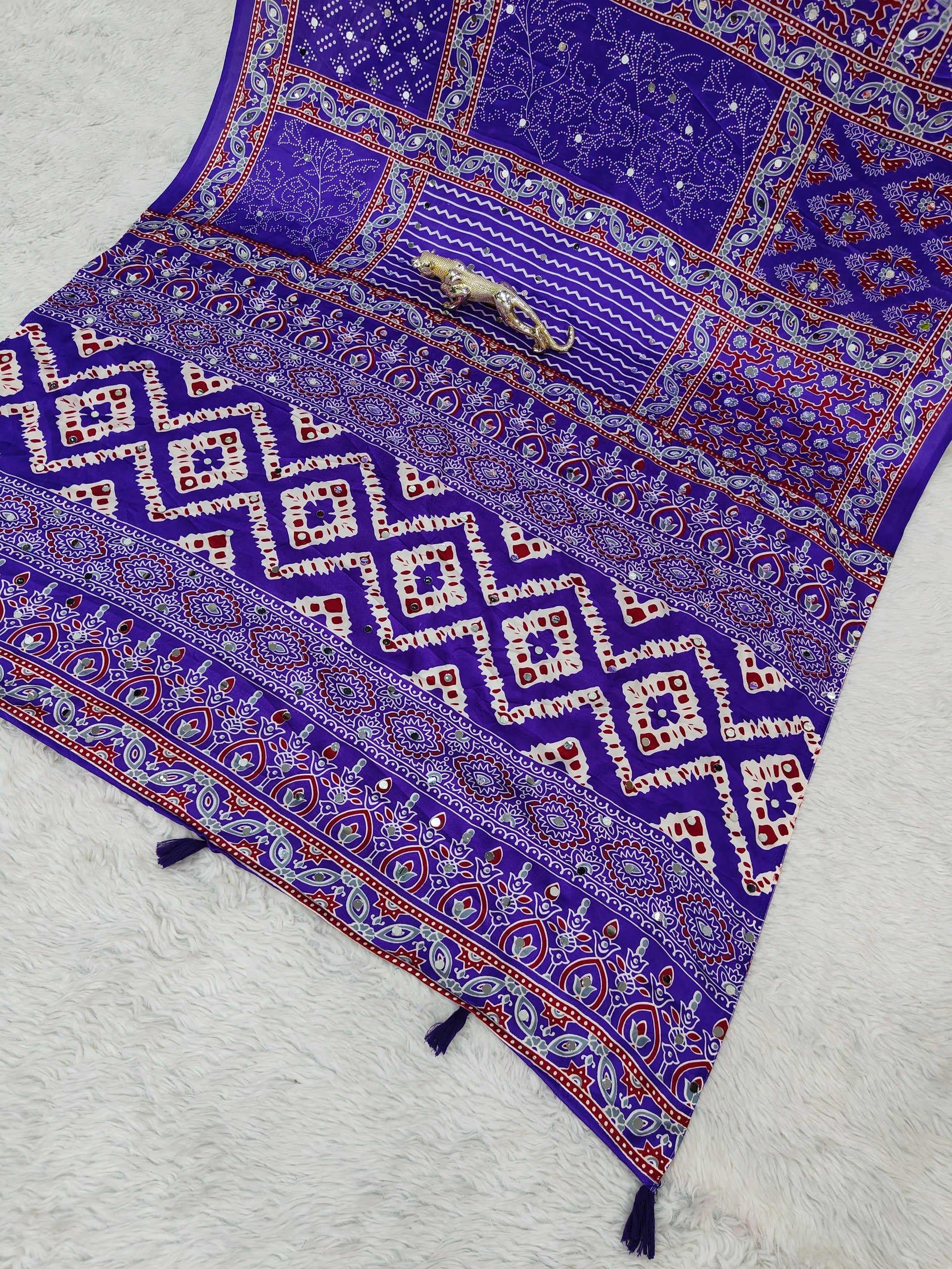 Purple Ajrakh Print Mirror Work Satin Silk Saree