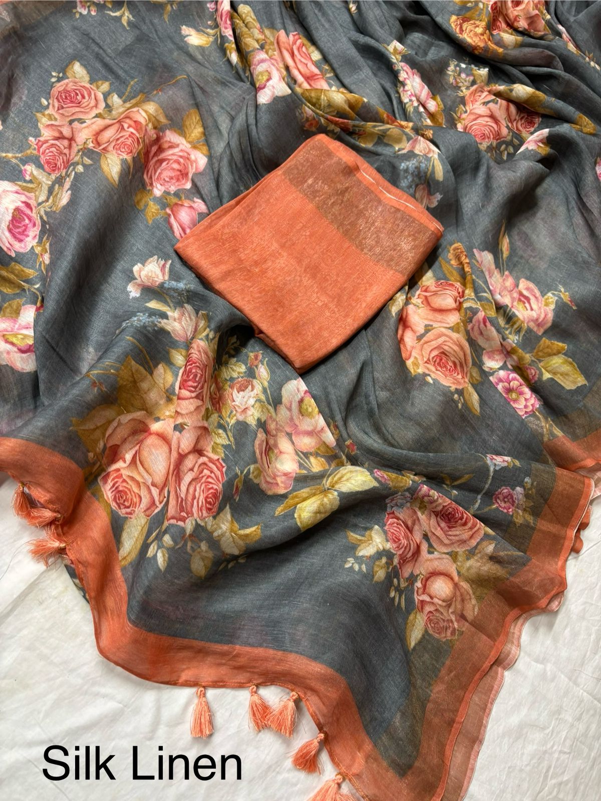 Lavani Black Floral Print Pure Linen Saree