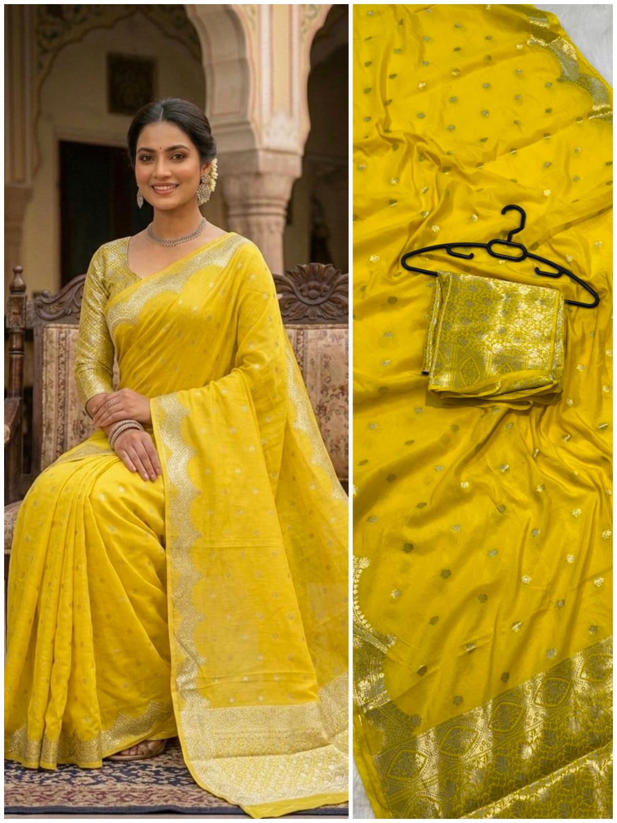 Banarasi Handloom Semi Kathan  Saree In Yellow