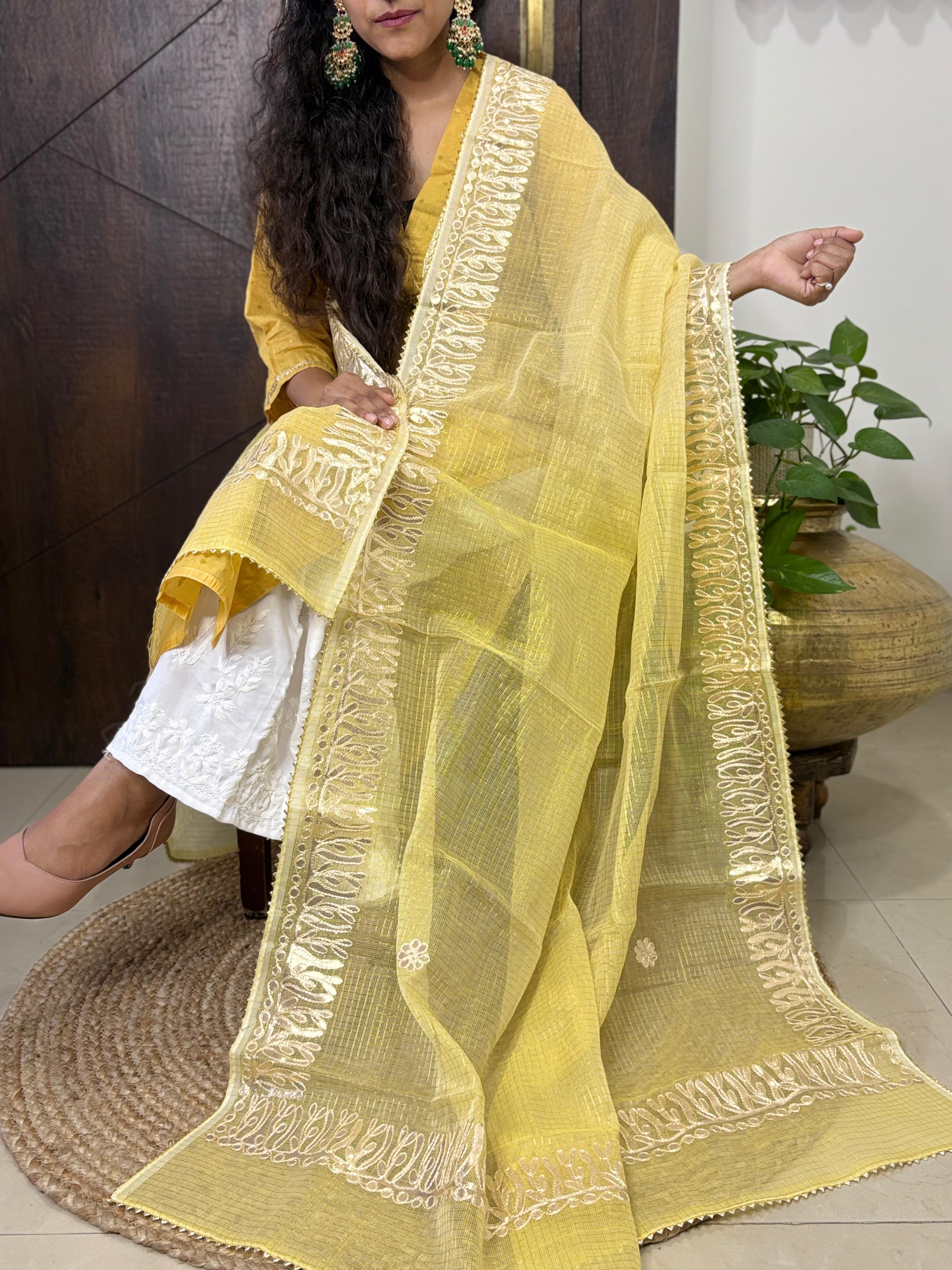 Yellow Kota Doria Heavy Gota Patti Work Dupatta