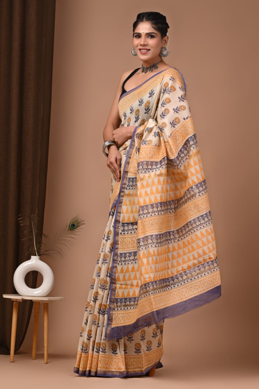 Cream Colour Chanderi Hand Block Printed  Saree