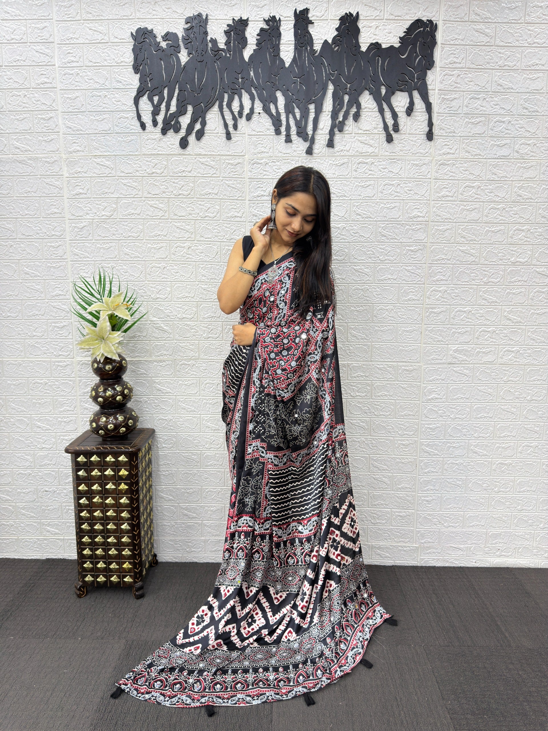 Black Ajrakh Print Mirror Work Satin Silk Saree