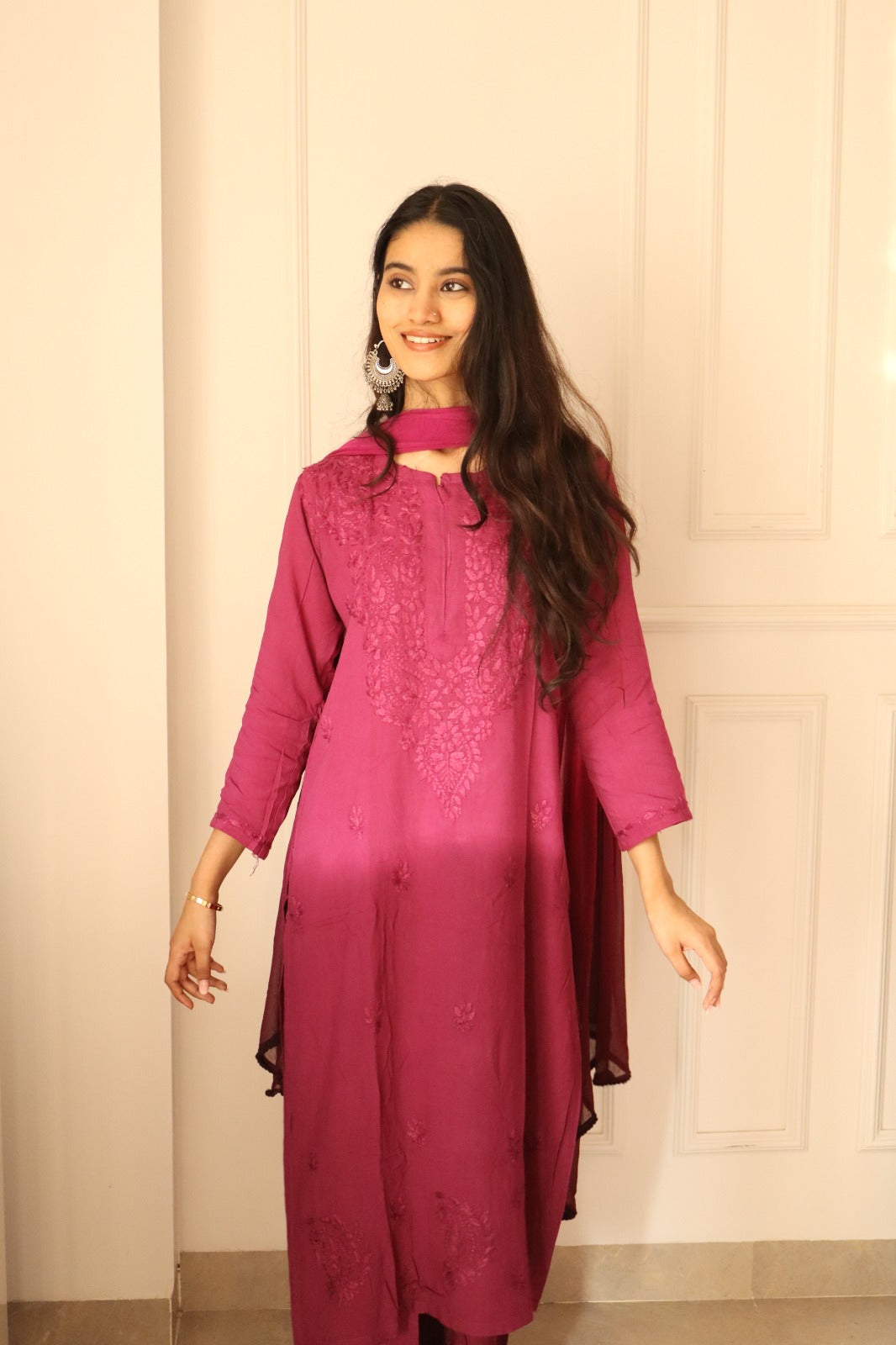 Pink Chikankari Rayon Kurti Palazzo Set With Dupatta