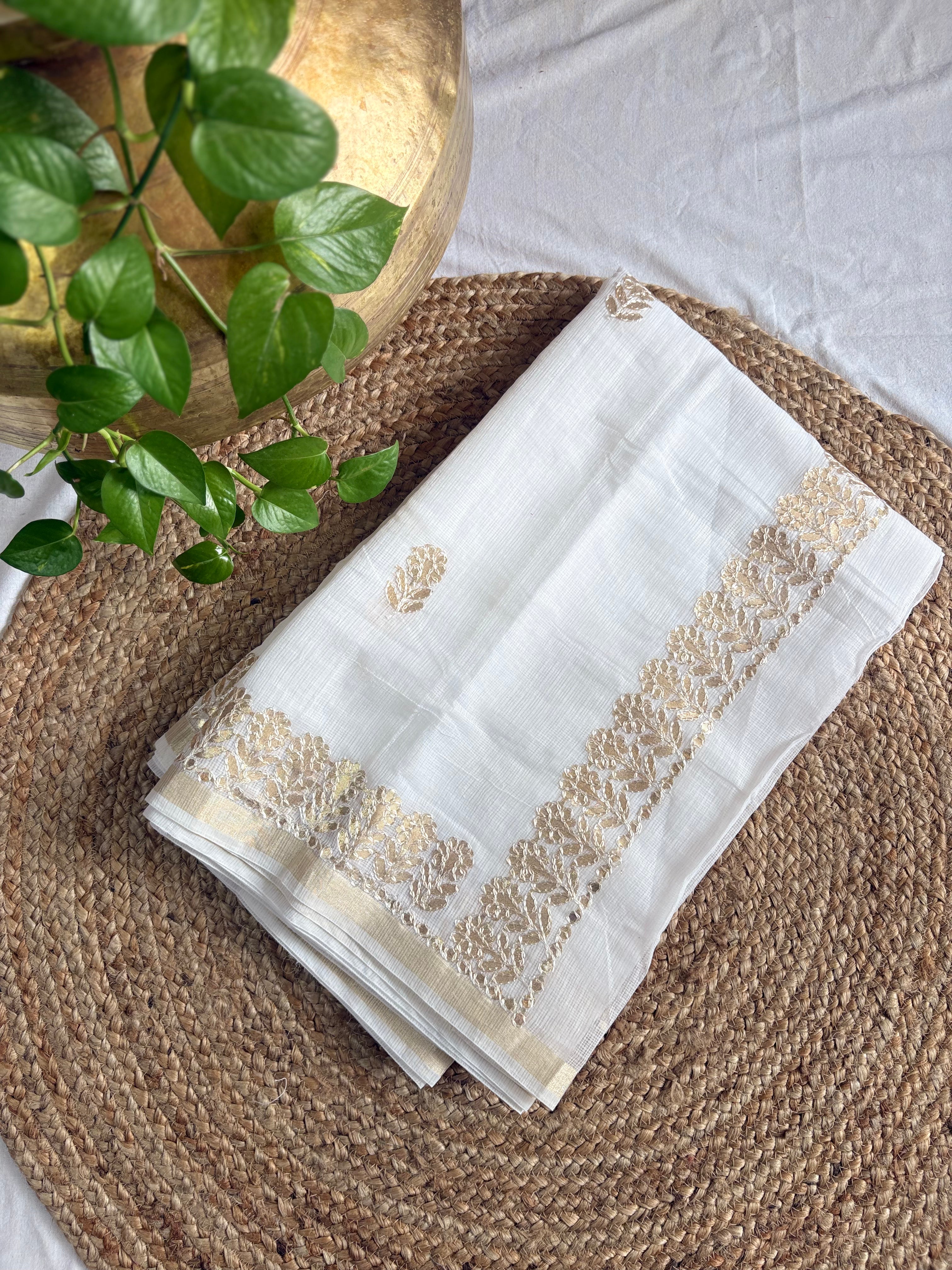 White Kota Doria Gota Patti Saree