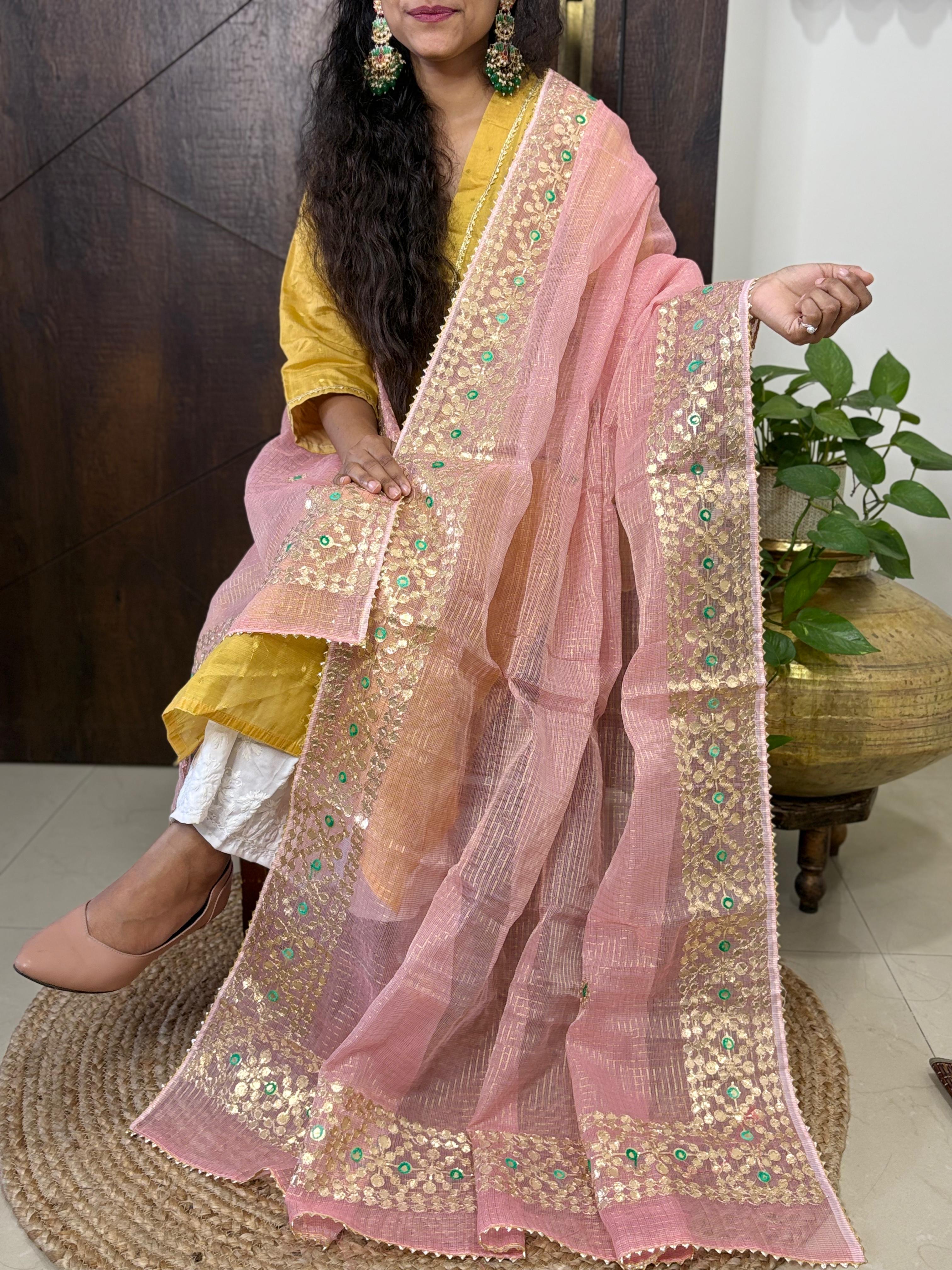 Pink Kota Doria Heavy Gota Patti Work Dupatta