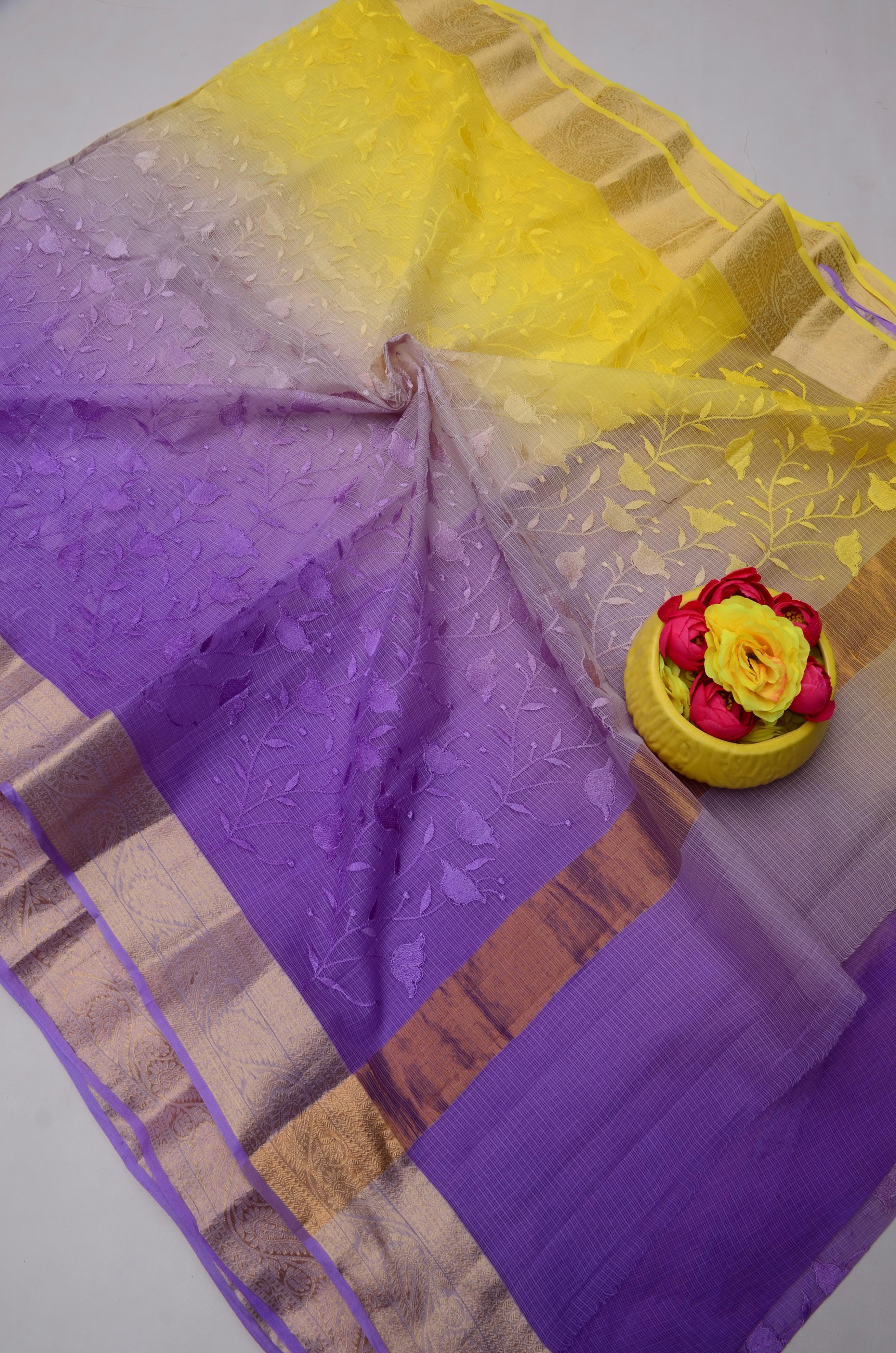 Yellow And Purple Kota Doria All Over Embroidery Work Saree