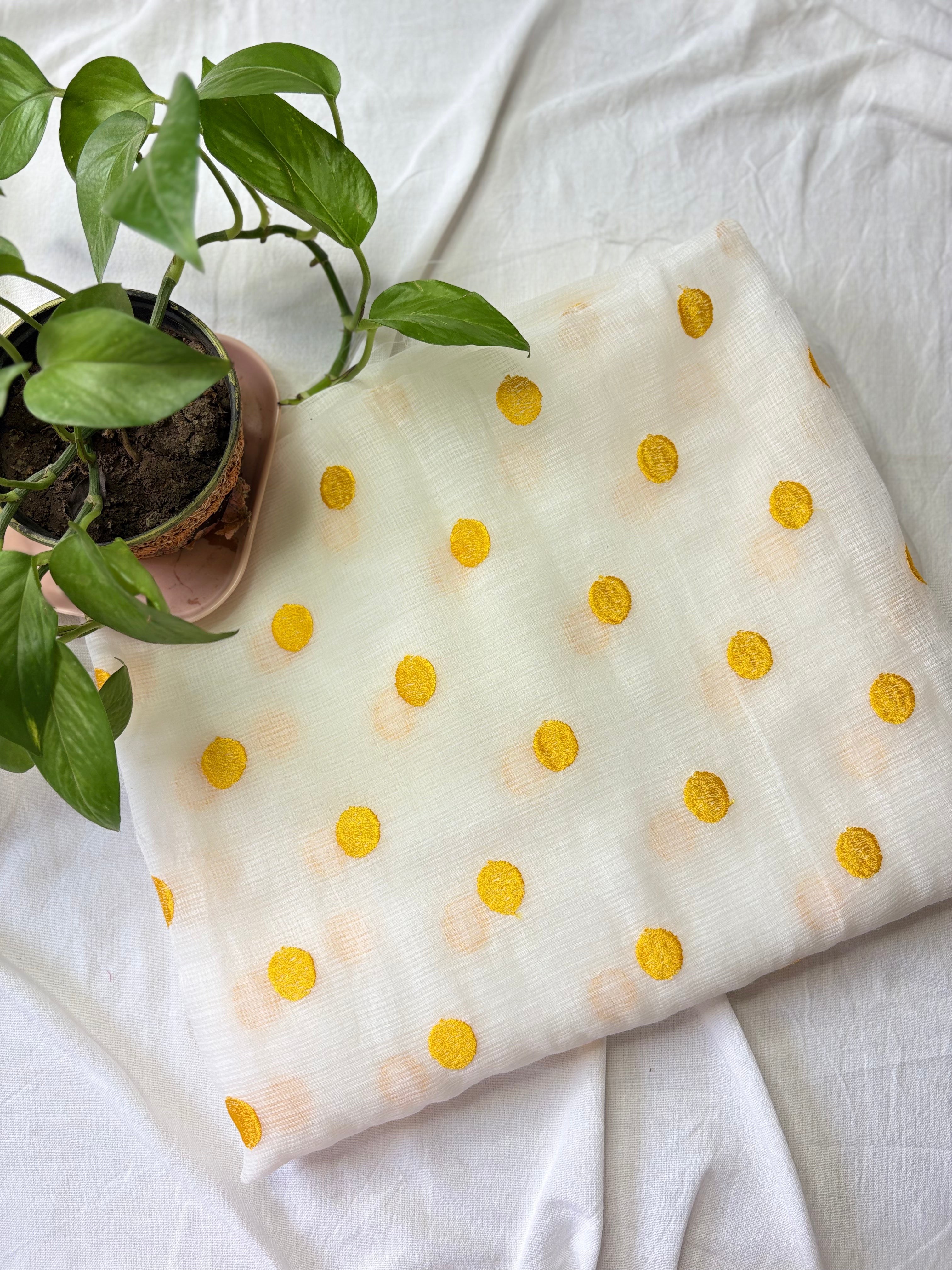 Shailaja- Kota Doriya Embroidery Work Suit In white Colour with yellow dotted touch