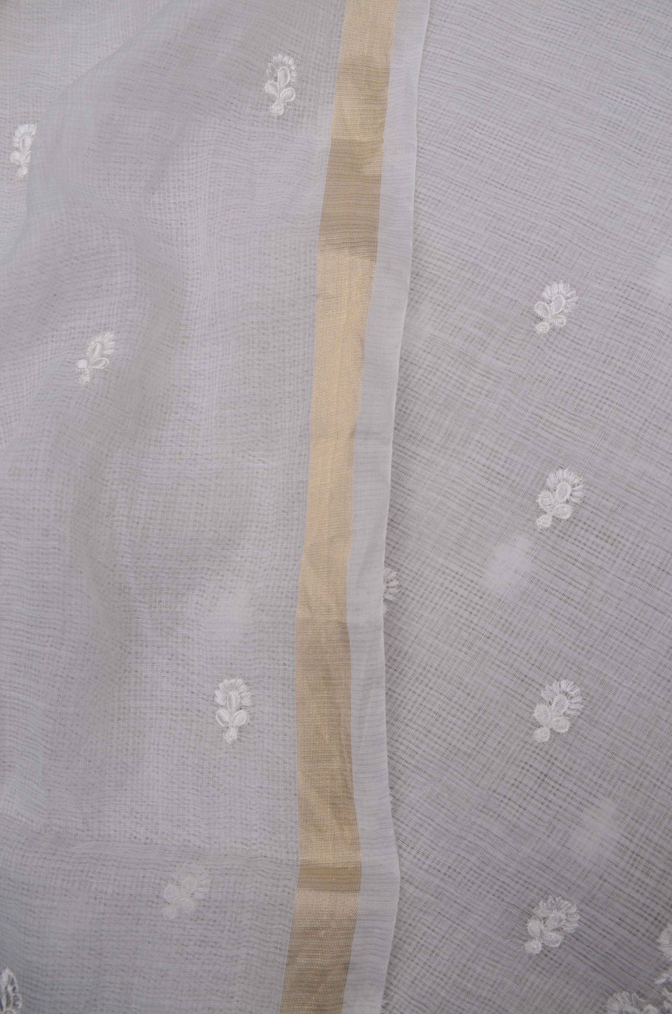 White Embroided Work Kota Doria Suit Fabric With Dupatta