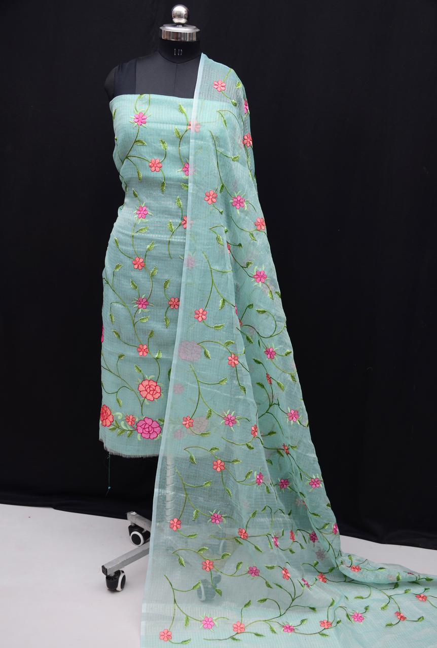 Kota Doria Embroidered Suit Set In Sea Green (unstitched)