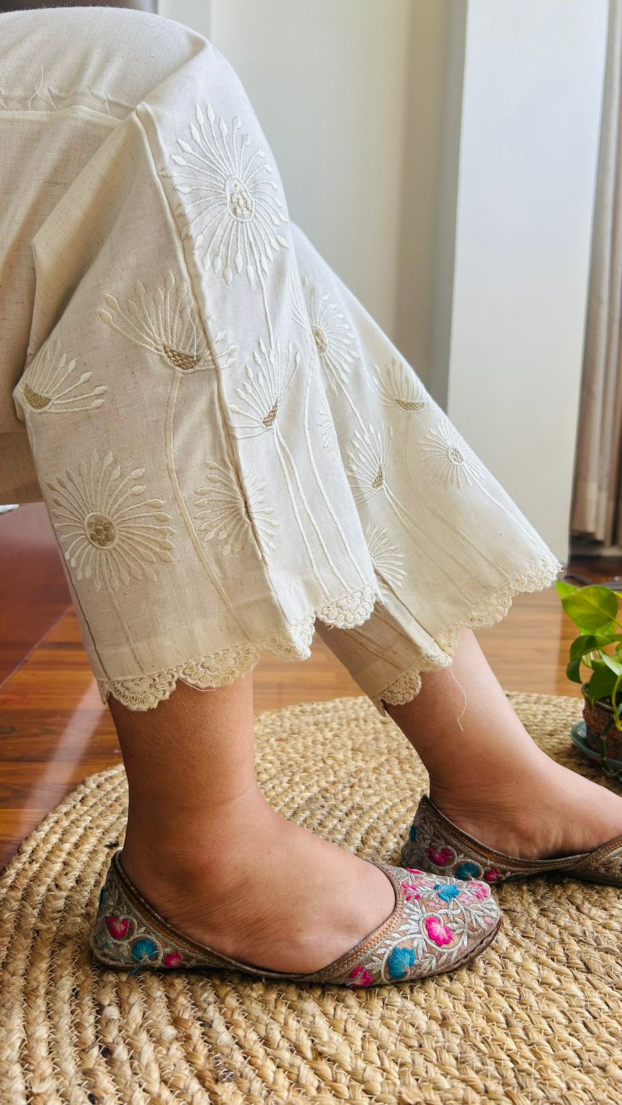 Prisha Cream Flower Embroidery Straight Pant In Cotton For Women