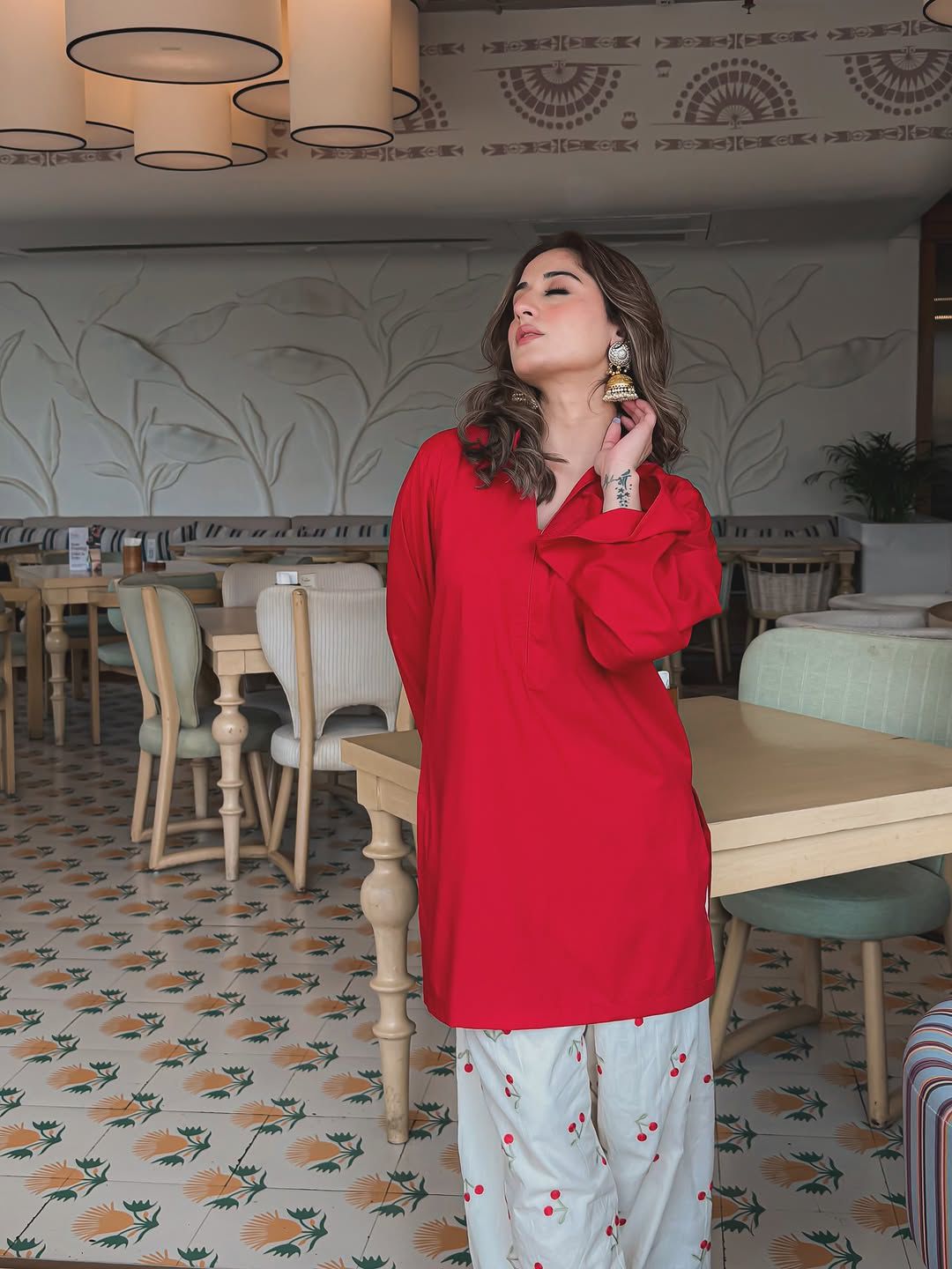 Cherry Red Kurti With Embroidery Palazzo Set