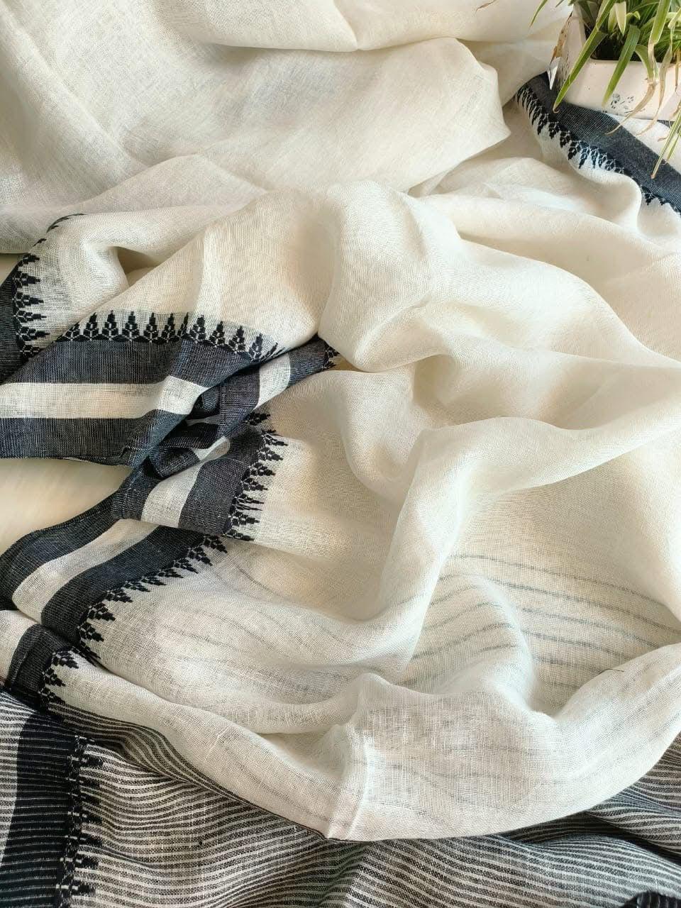 White Pure Linen Saree