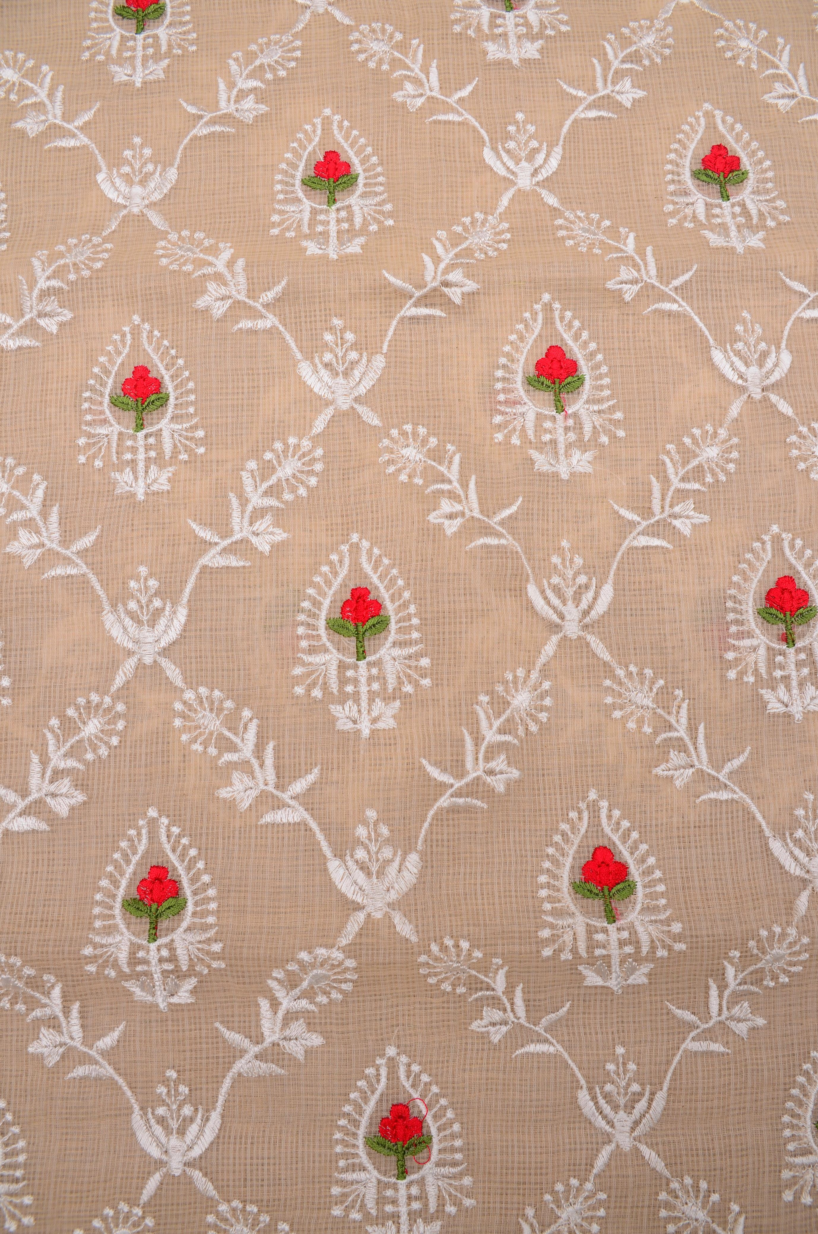 Cream Kota Doria Embroided Suit Fabric With Dupatta