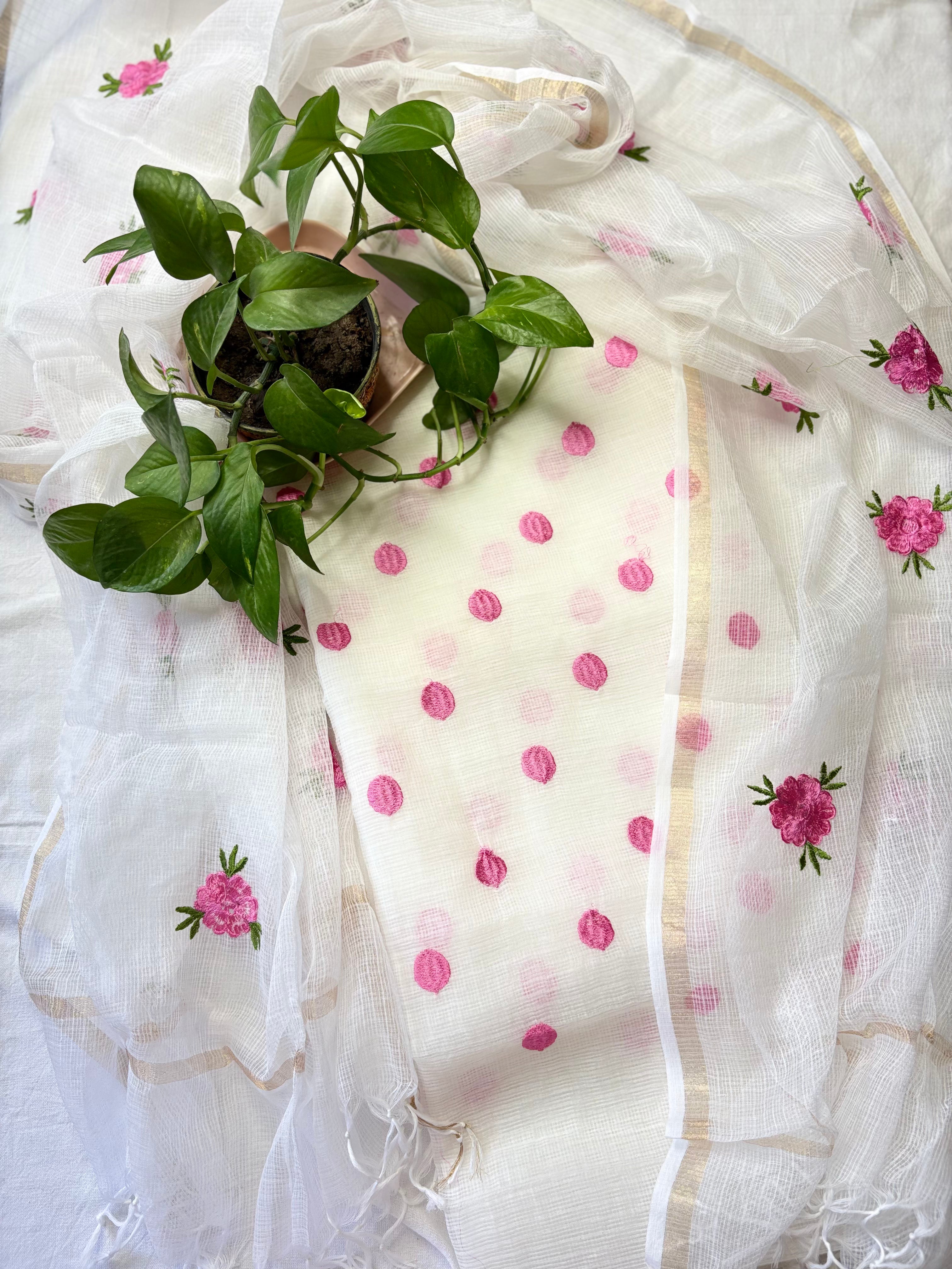 Kota Doriya Embroidery Work Suit In white Colour with pink dotted touch