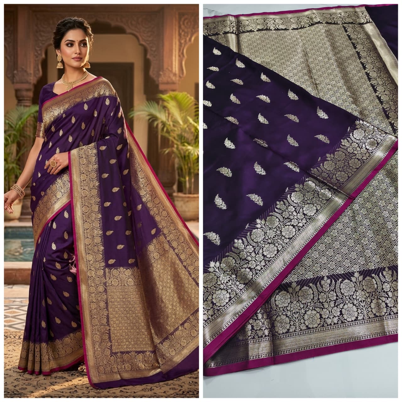Banarasi Handloom Semi Kathan  Saree In Royal Purple