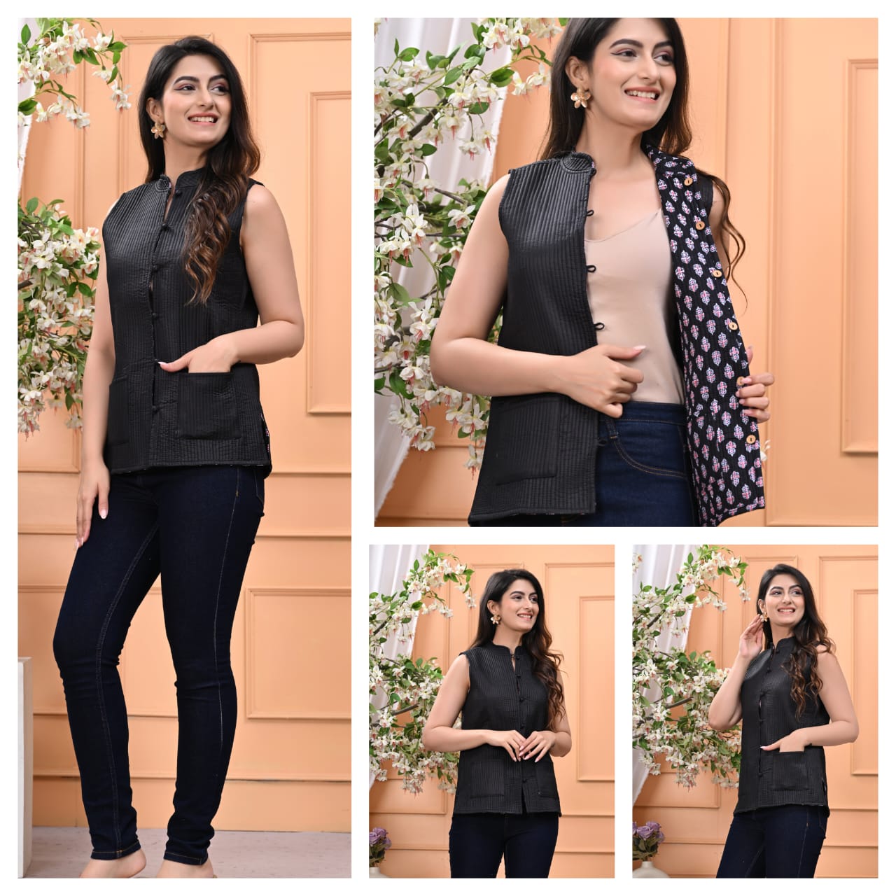 Beautiful Black Pure Cotton Quilted Reversible Print Jackets