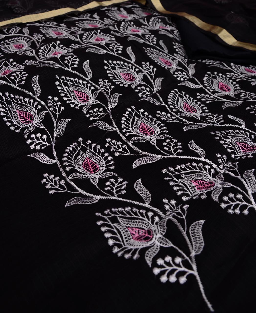 Kota Doriya Embroidery Work Suit In Black