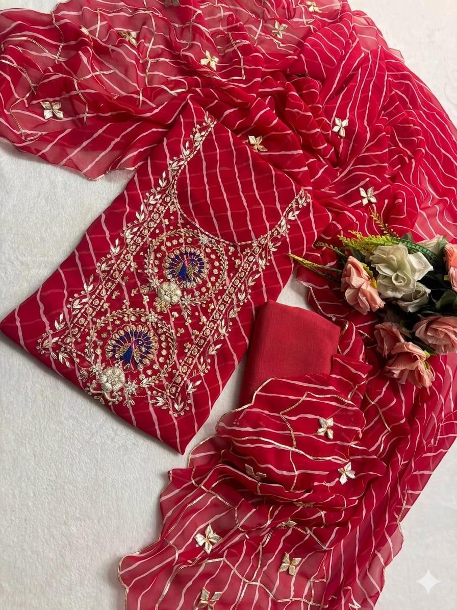 Beautiful Red Color Leheriya Gota Patti Work Suit