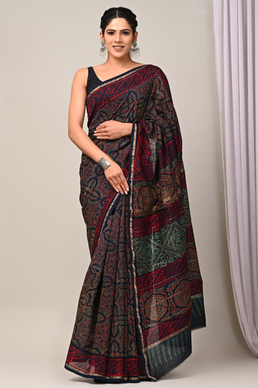 Navy blue Maheshwari Bagru Block Print Saree