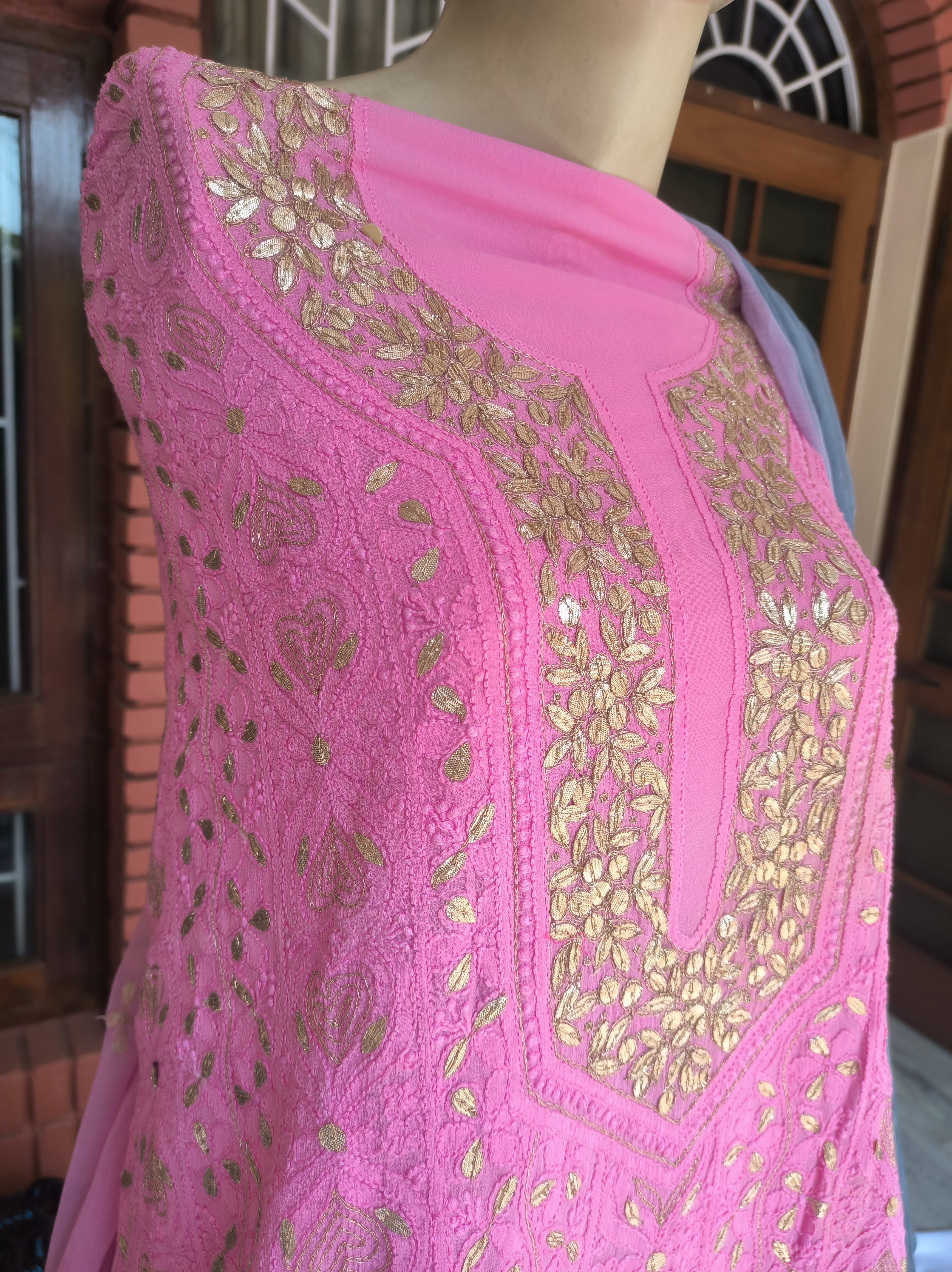 Pink Lucknowi Chikankari Gota Patti Salwar Suit(Dress Material)