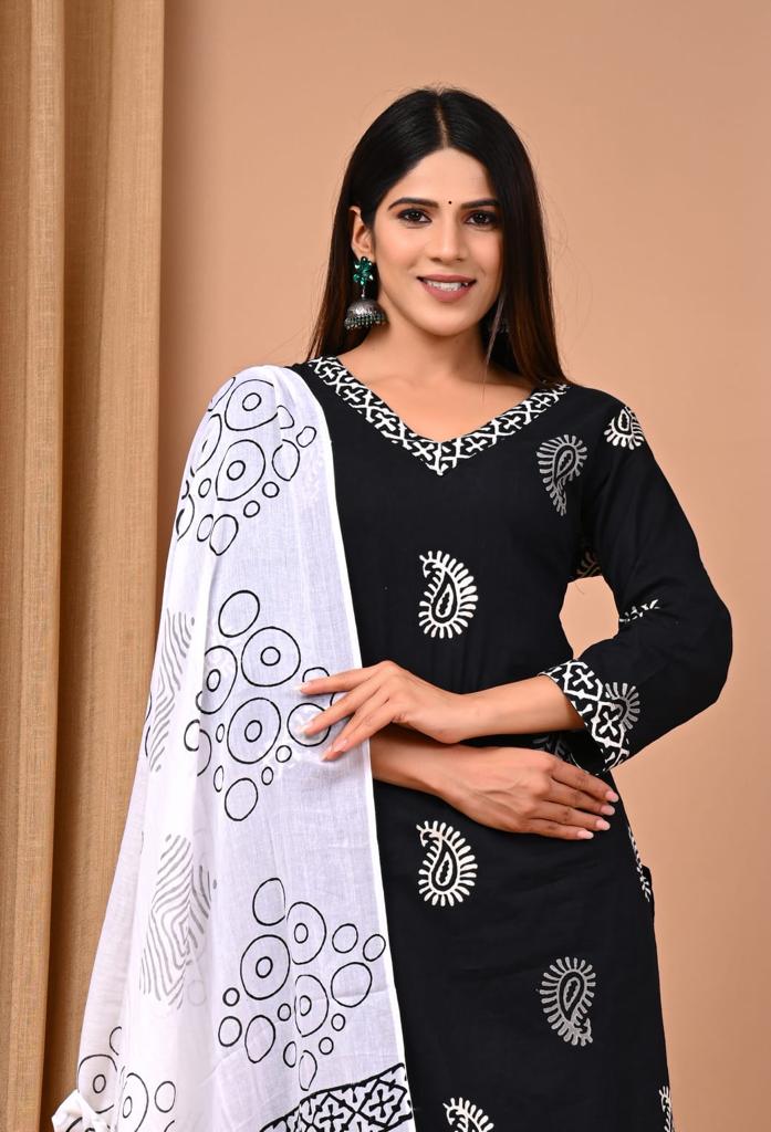 Black Block Print Suit Set With Dupatta