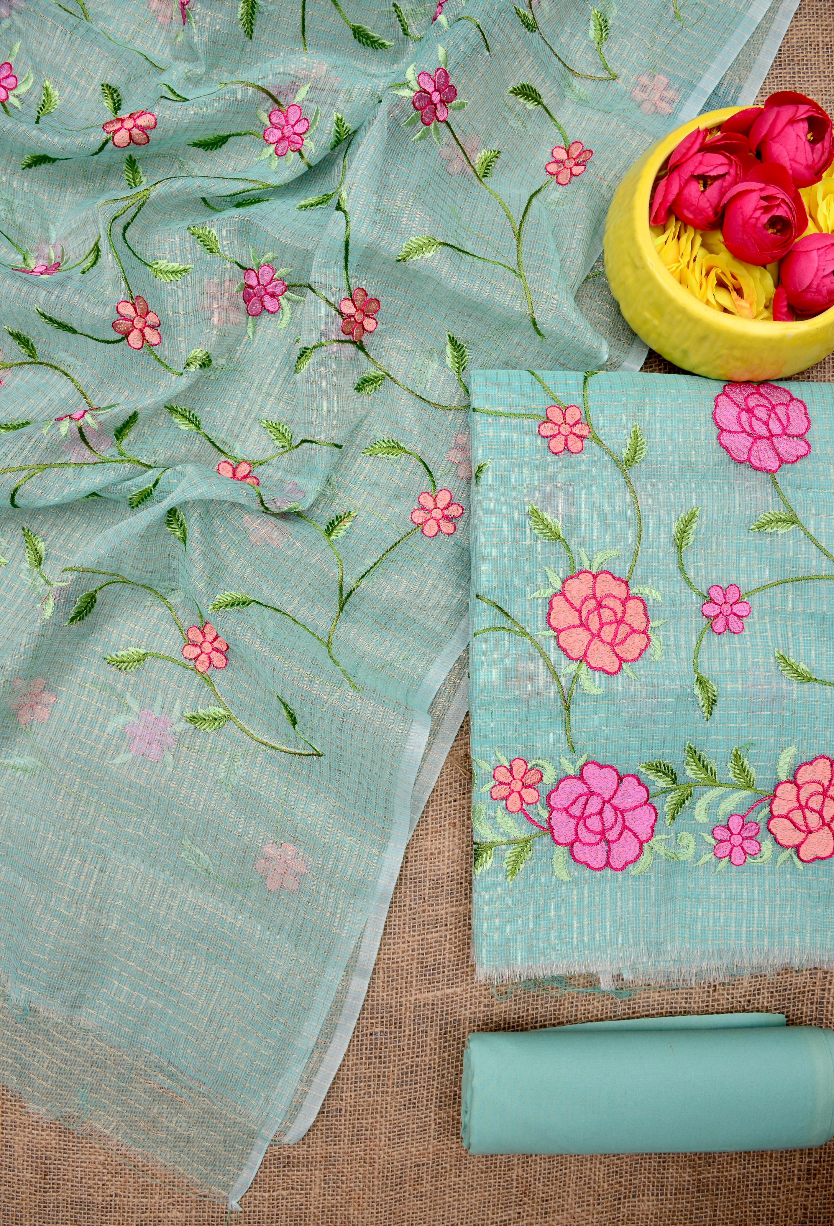 Kota Doria Embroidered Suit Set In Sea Green (unstitched)