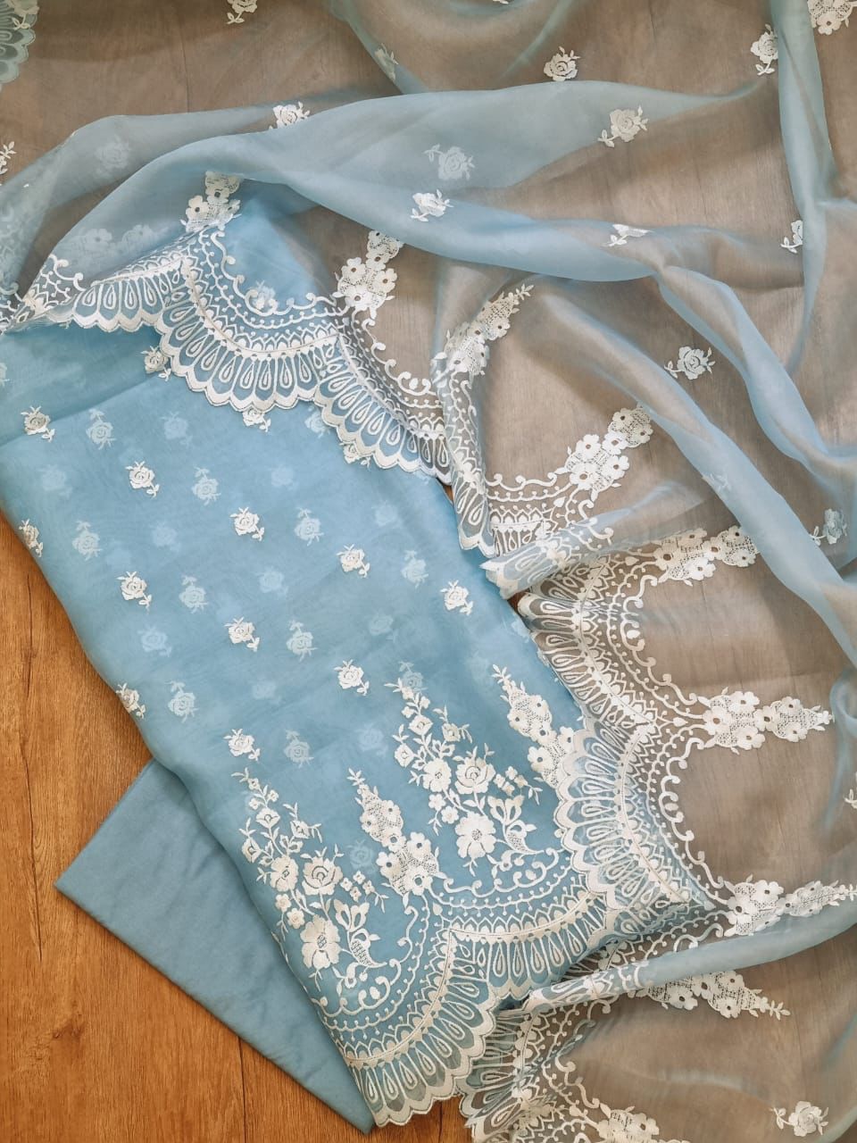 Blue Banarasi Organza Silk Embroidery Suit(Unstitched)