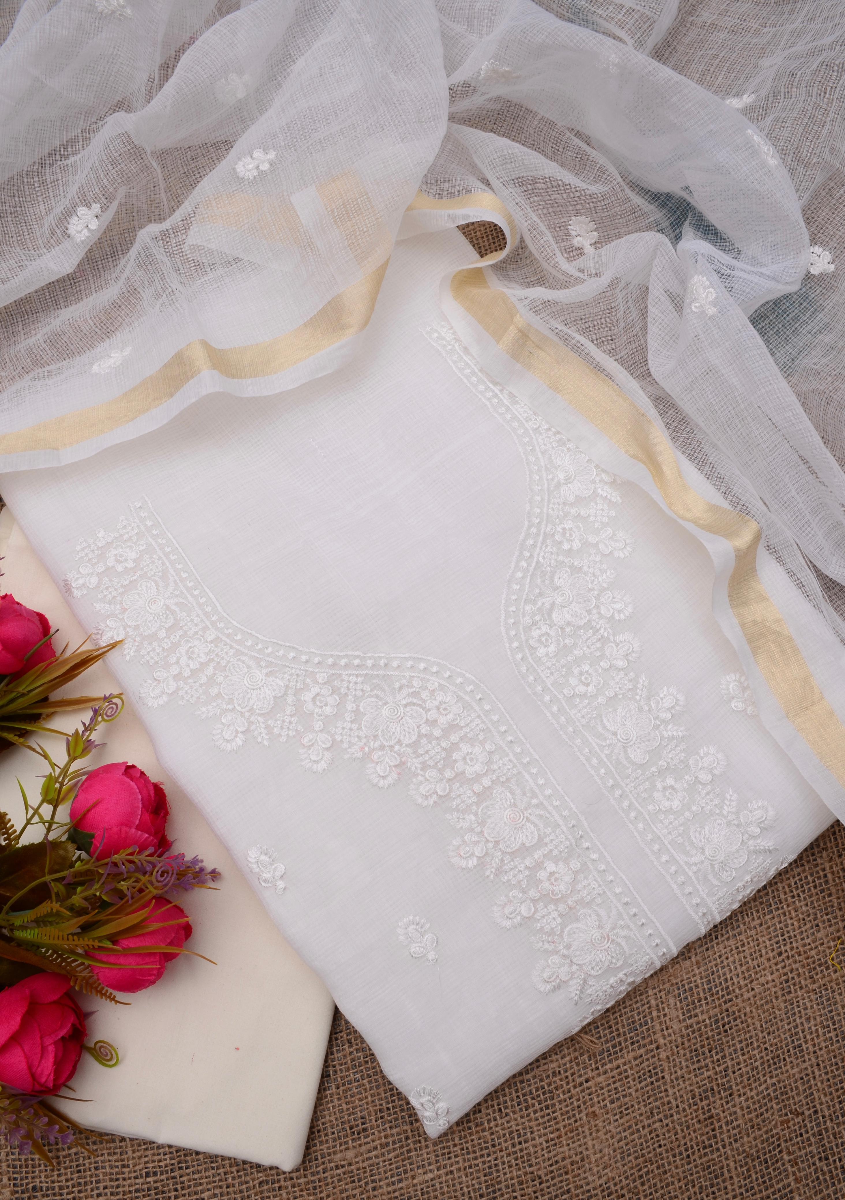 White Embroided Work Kota Doria Suit Fabric With Dupatta