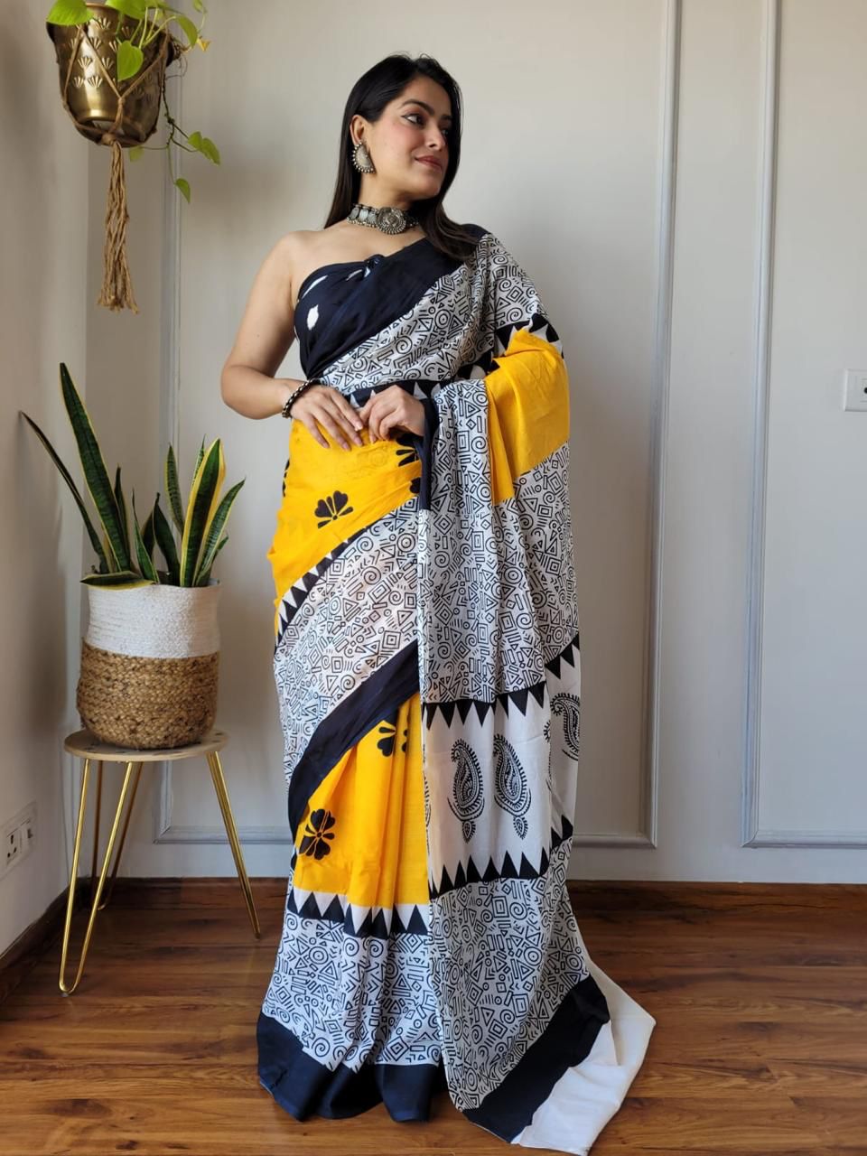 Yellow Trending Indigo Hand Block Print MulMul Cotton Saree