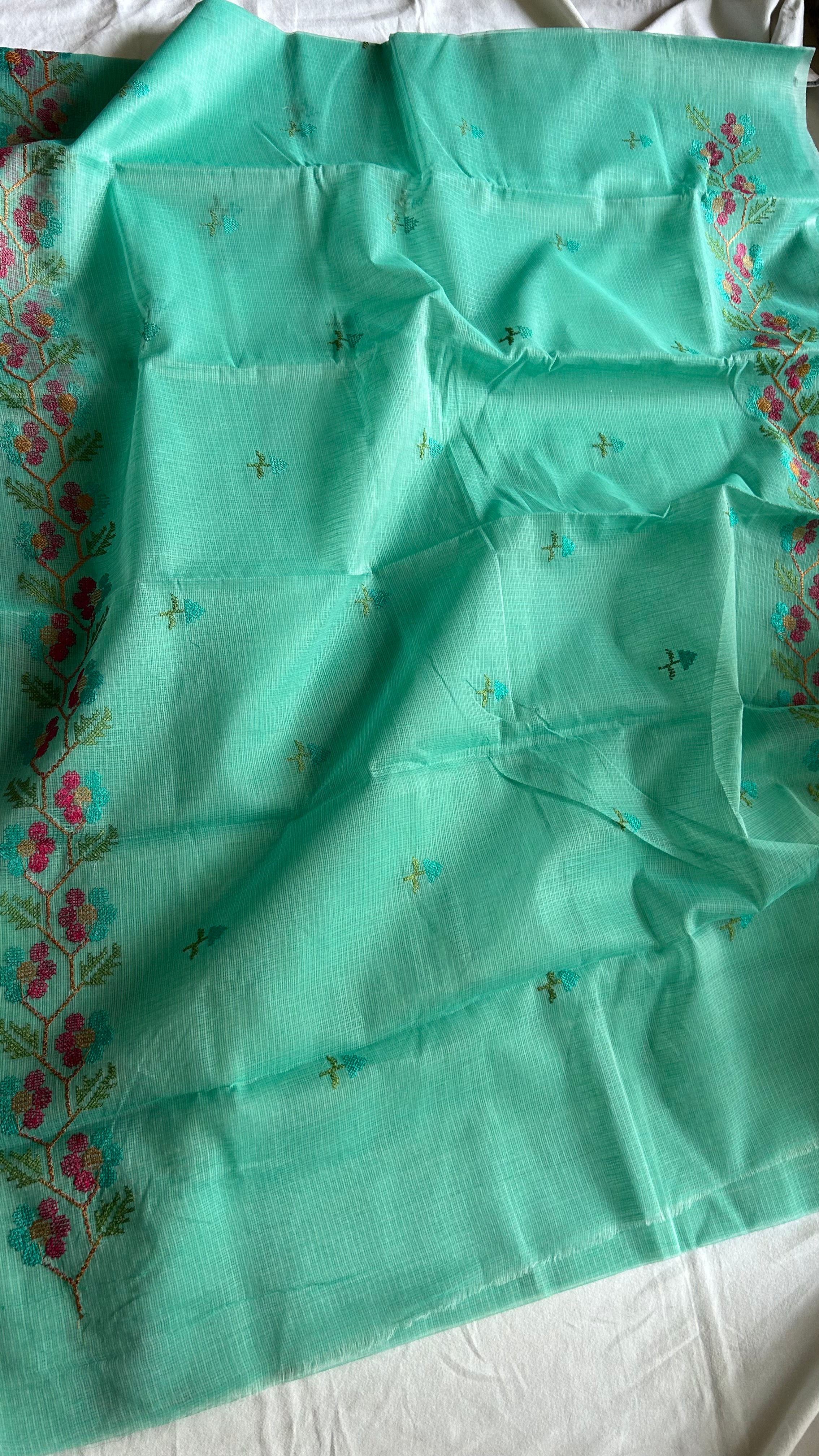 Cross Stitch Kota Doria Embroidery Work Saree In Sea Green