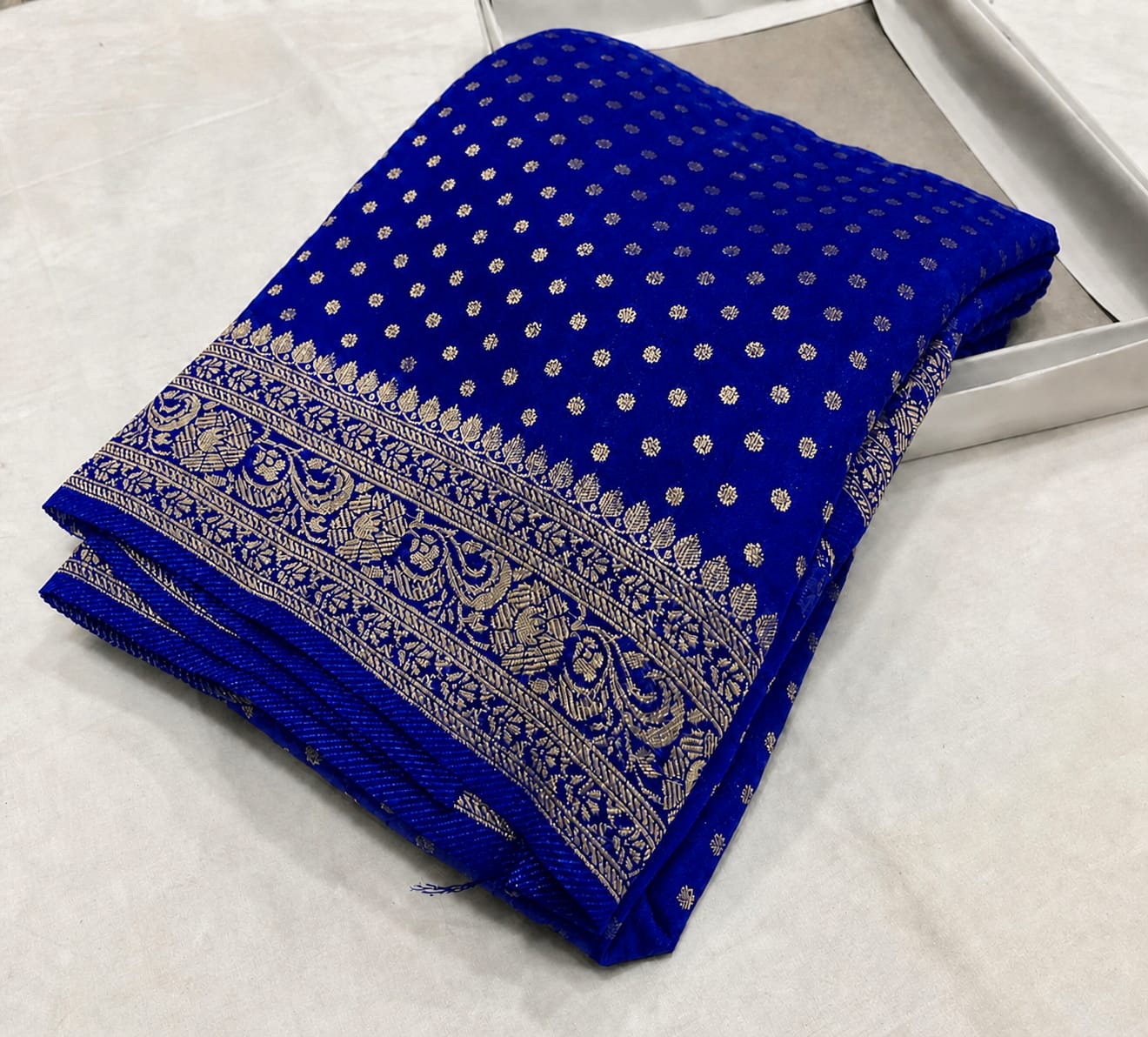 Blue Banarasee Semi Georgette Small Booti Work Saree