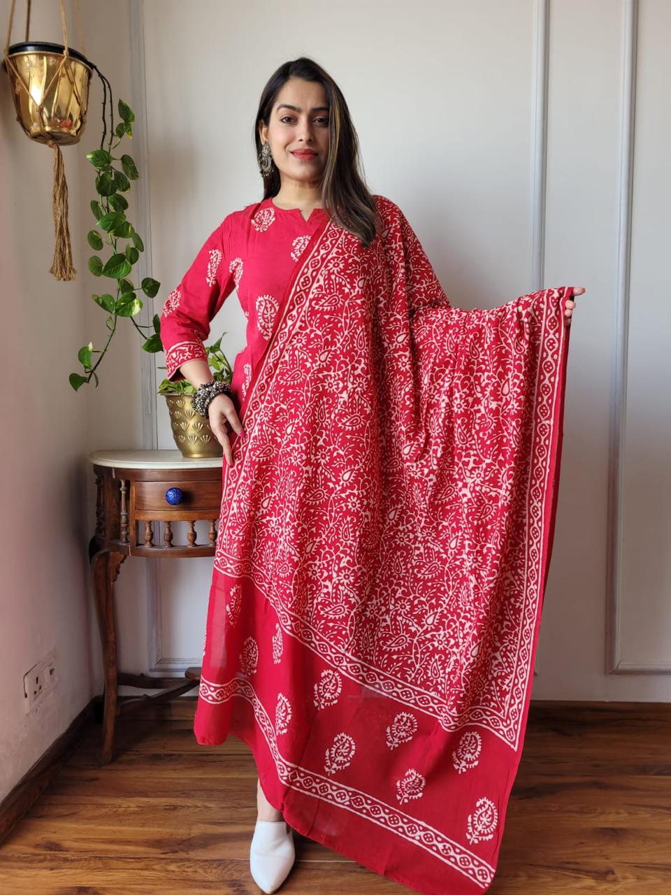 Red Block Print Suit Set With Dupatta