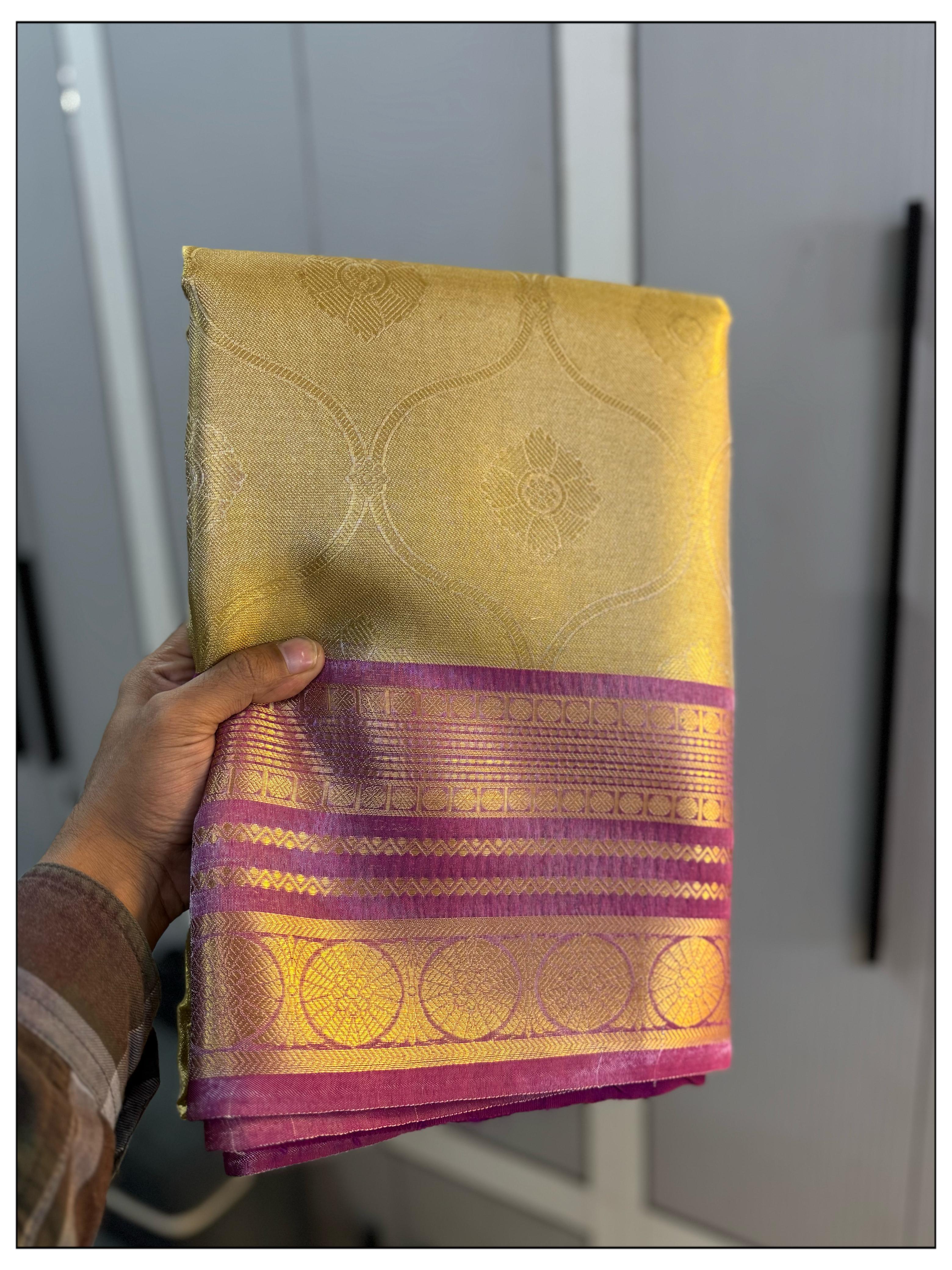 Golden With Pink Banarasi Soft Tissue Saree